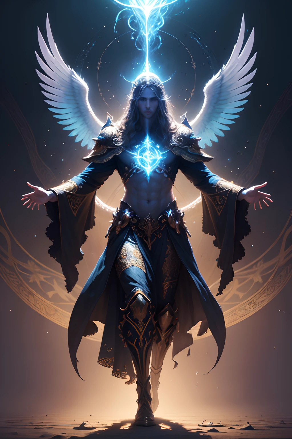 a holy creature from beside, beautiful creature, holy soul, holy magic, heaven background, holy energy on his hands, full body, masterpiece, realistic digital, abstract background, global illumination, intricate, epic, dramatic, masterpiece, high detail, best quality, ultra high res