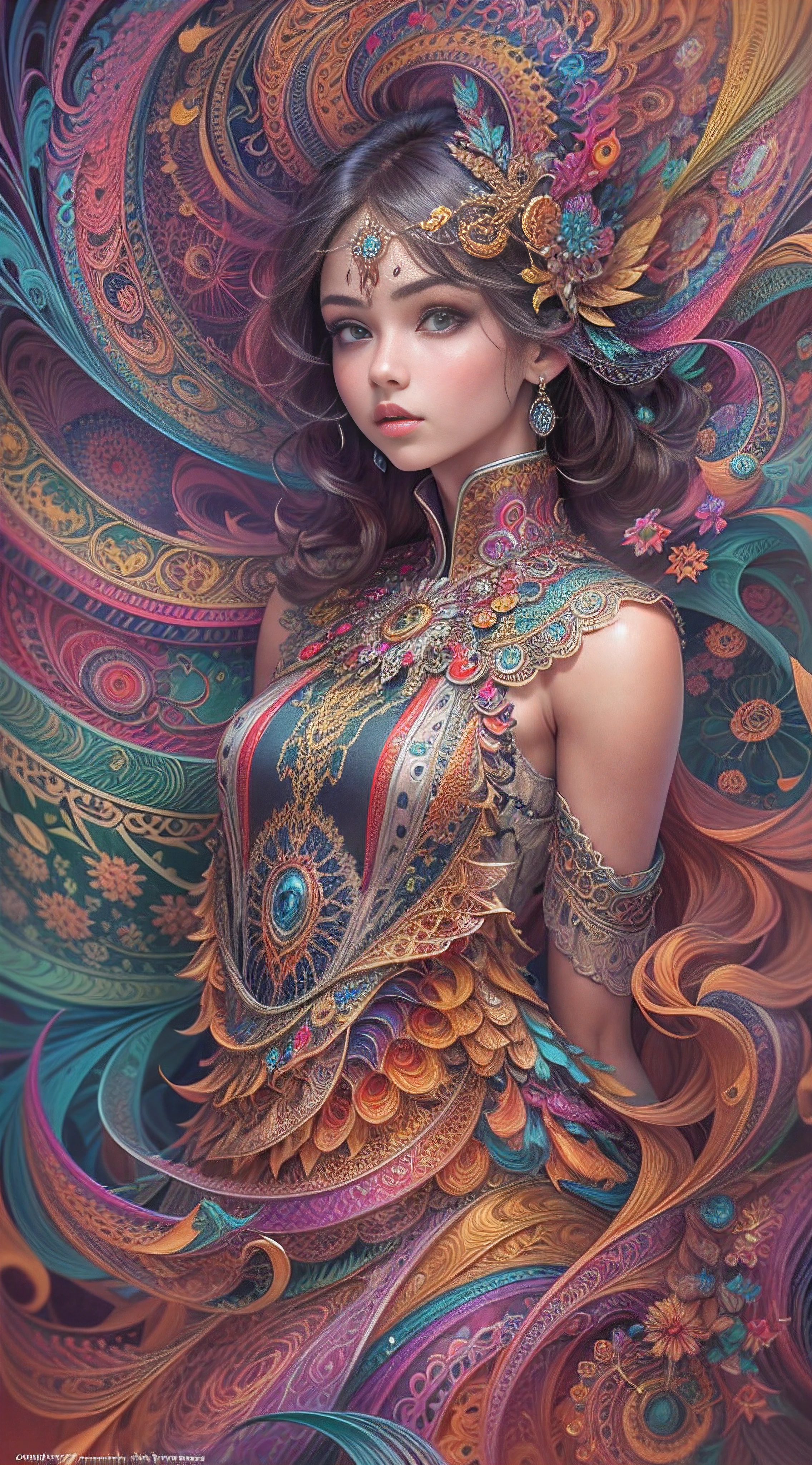 (masterpiece, top quality, best quality, official art, beautiful and aesthetic:1.2), (1girl:1.3), extremely detailed,(fractal art:1.2),colorful,highest detailed,(zentangle:1.2), (dynamic pose), (abstract background:1.5), (treditional dress:1.2), (shiny skin), (many colors:1.4), upper body