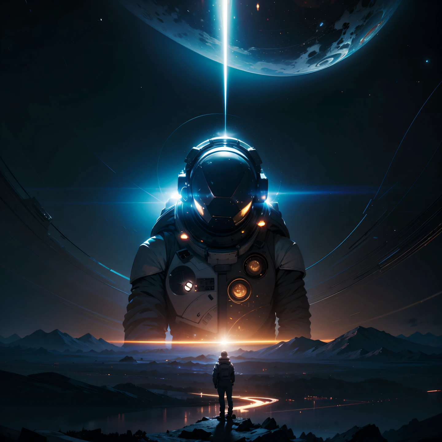 In Interstellar, an astronaut travels through a black hole in an interstellar universe,((Masterpiece)),(Best quality)),epic details,Magnificent space image scene,Cinematic lighting,Epic scenes of the century