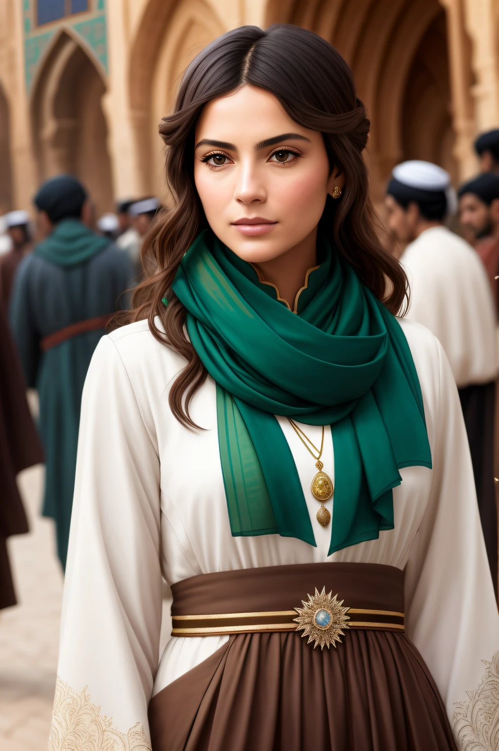 (extremely detailed CG unity 8k wallpaper), full shot body photo of the most beautiful artwork in the world, arab teengirl in bazar, green vale, see-through scarf, diamonds, medieval architecture, professional majestic oil painting by Ed Blinkey, Atey Ghailan, Studio Ghibli, by Jeremy Mann, Greg Manchess, Antonio Moro, trending on ArtStation, trending on CGSociety, Intricate, High Detail, Sharp focus, dramatic, photorealistic painting art by midjourney and greg rutkowski , She looks at the camera with a slight smile