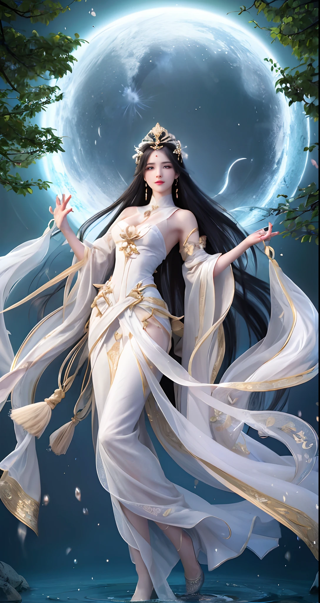 On a moonlit night，Secluded pond，Goddess in period costume standing barefoot in the pool，Her figure looks particularly charming against the moonlight。Her face is beautiful，Like a fairy under the moon，The eyebrows reveal serenity and elegance。

She wears a long white tulle dress as thin as cicada wings，The skirt swings gently with the wind，It's like a fairy under the ordinary。the moonlight was shining on her body，Produces a soft shine，Make her look like a goddess under the moon。Her long hair is like a waterfall，Naturally draped over the shoulders，Exudes elegance。

Her bare feet touched the pool，The ripples form a circle，It's like dot ink in an ink painting。Her toes are slender and slender，Looks whiter in moonlight。Her every move is so elegant，As if stepping on the rhythm of poetry。

By the pond，The lotus leaf swayed，Frog sound，It forms a wonderful picture。The goddess stands in the pool water，It was as if blended into this peaceful night，One with nature。Her gaze was serene and clear，As if gazing at a distant starry sky，Discover the mysteries of life。

On this wonderful evening，This goddess in ancient costume is like a fairy in the moonlight，Her beauty and serenity are mesmerizing。Her every move is like poetry，It's fascinating。In this poetic world，She became a timeless legend，It speaks of the beauty and serenity of life。