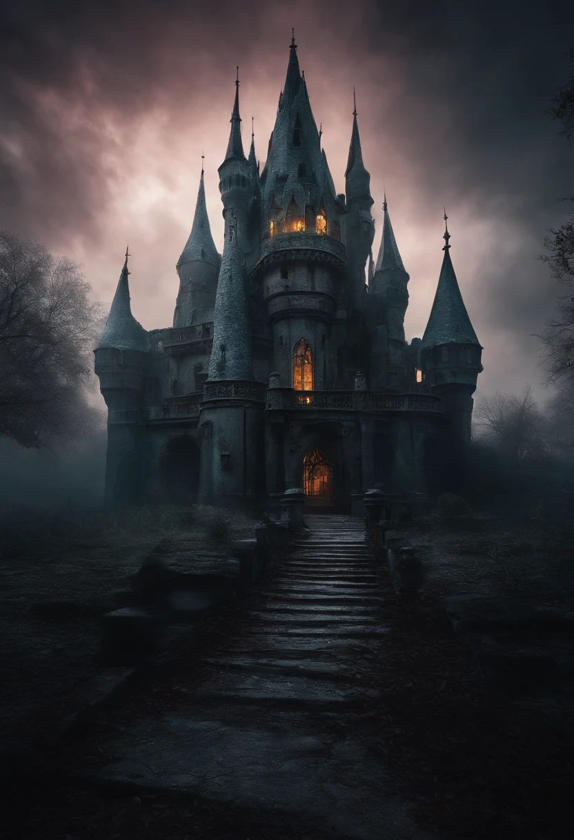 Skull Castle,eerie,creepy,nightmarish,very bright colors,Light Particles,Illusory Shift,wallpaper art,UHD wallpaper,Grey scale colors,Gothic Style