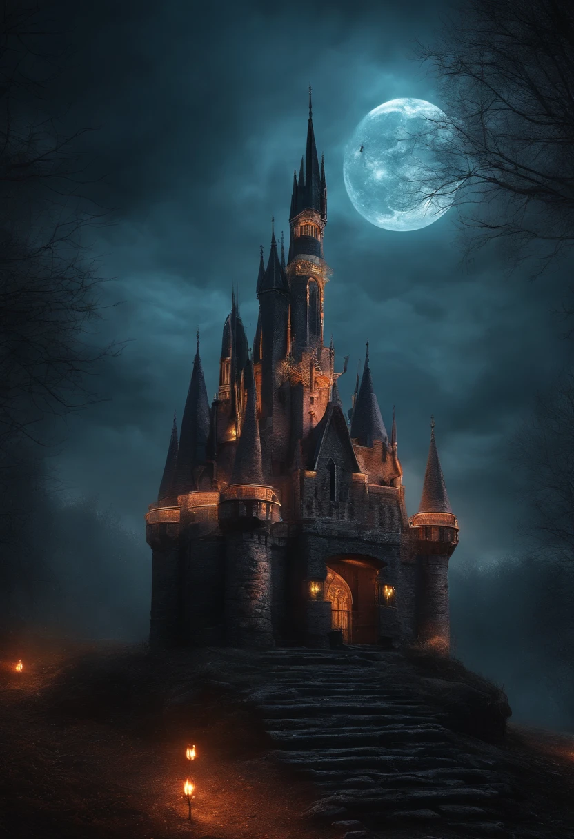 Skull Castle,eerie,creepy,nightmarish,very bright colors,Light Particles,Illusory Shift,wallpaper art,UHD wallpaper,Grey scale colors,Gothic Style