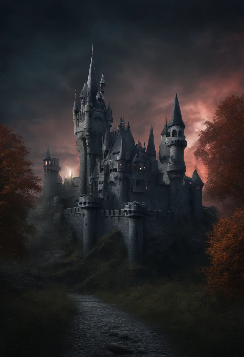 Skull Castle,eerie,creepy,nightmarish,very bright colors,Light Particles,Illusory Shift,wallpaper art,UHD wallpaper,Grey scale colors,Gothic Style