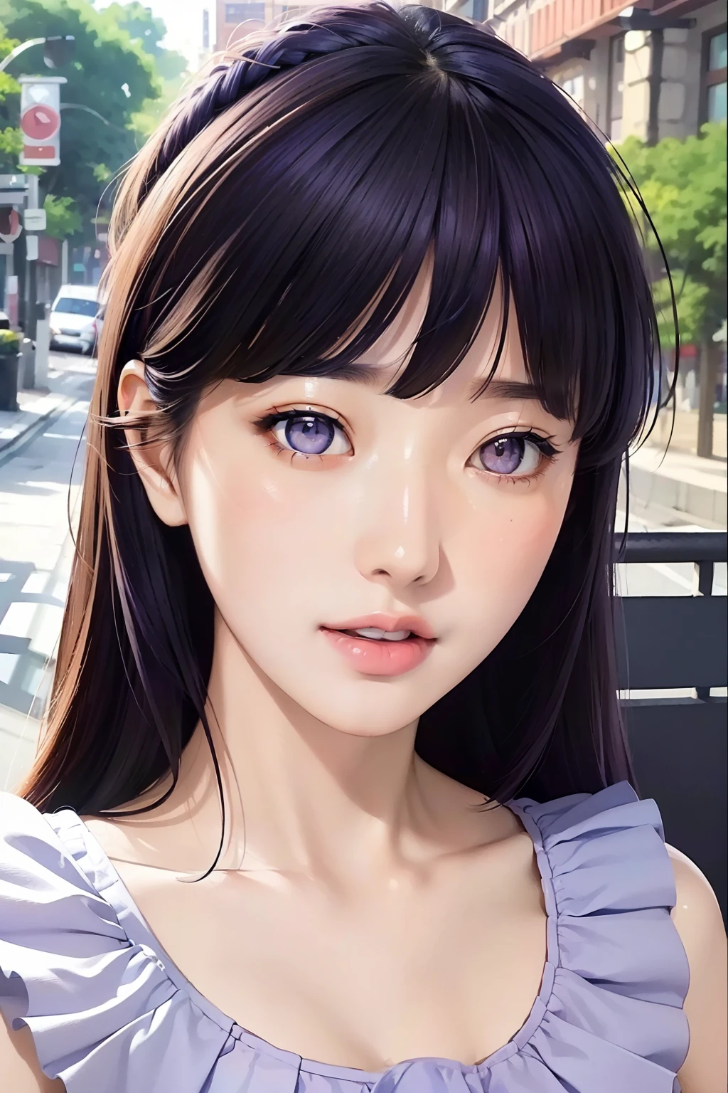 (masterpiece),(best quality:1.0), (ultra highres:1.0), detailed illustration, portrait, detailed,1 girl, detailed frilled clothes, detailed beautiful skin, face focus, in street, spring, flowers in  balcony,Blunt Bangs, purple eyes, medium dark blue hair