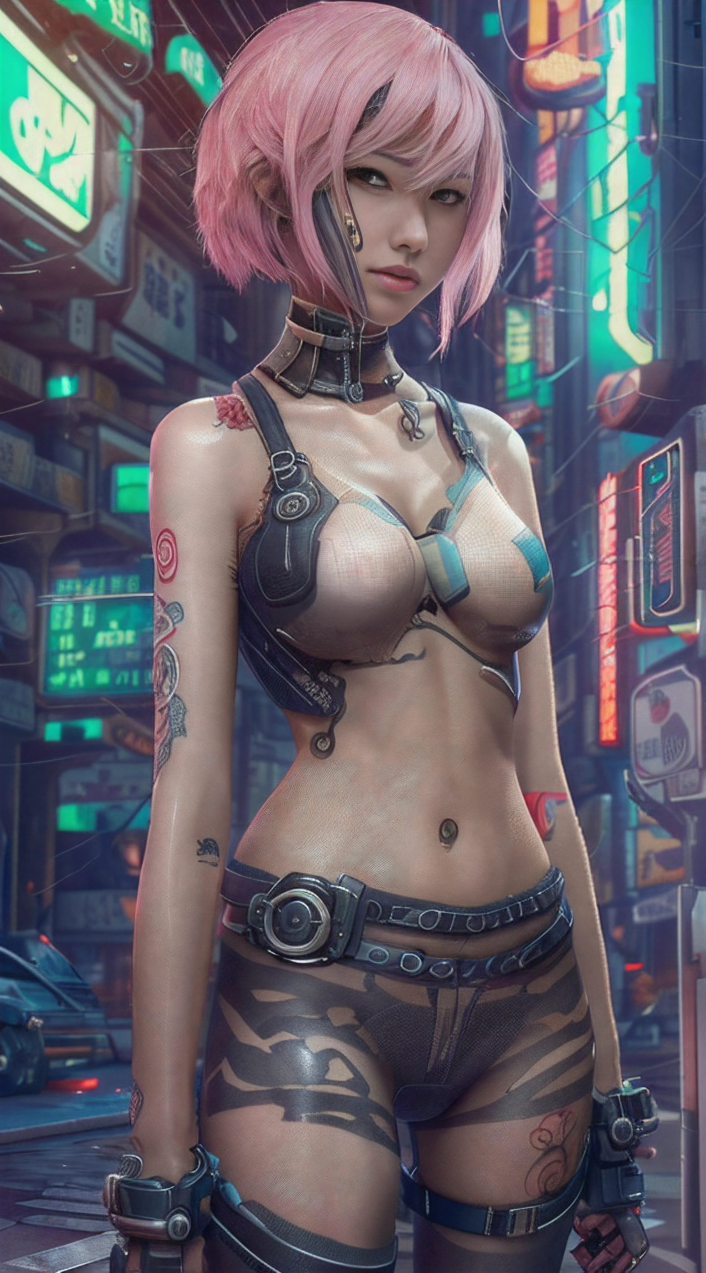 "Artistic Image NSFW *naked girl(, The center of this scene is full body portrait a young very beautiful Japanese girl 19 years old is a hacker full length . With a short haircut. Cyber-implants on the face and hands. Cyberpunk tattoos on the neck and arms. Short boots. Fishnet stockings. Stands full length in the middle of a dirty cyberpank city street. Drawing inspiration from Masamune Shirow, the illustration features sharp focus, smooth transitions, and an underlying watercolor aesthetic. The environment is filled with digital screens and neon lights, adding to the cyberpunk atmosphere.", 35mm, Medium Shot, Studio Lighting, Highly Detailed, Octane Render, ultra hd, realistic, vivid colors, highly detailed, UHD drawing, pen and ink, perfect composition, beautiful detailed intricate insanely detailed octane render trending on artstation, 8k artistic photography, photorealistic concept art, soft natural volumetric cinematic perfect light