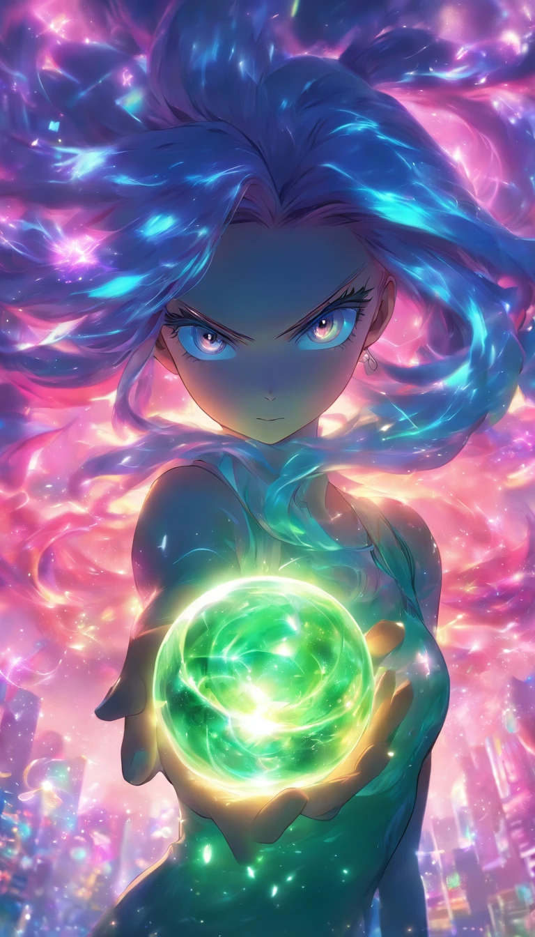 Masterpiece, Best quality, 1girll, Long purple hair flowing flowing, Blue, and green, Wear stylish black tights, Stand in a dramatic position,one hand on hips,The other hand holds the glowing one, Magical crystal ball. in the background, A swirl of light and energy adds to the mysterious and captivating atmosphere of the scene. luminous hair, multicolour hair