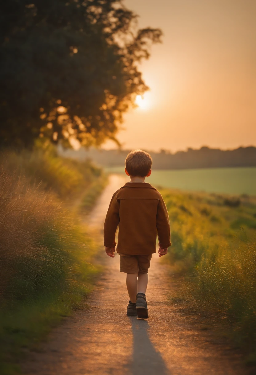 A LIGHT-SKINNED BROWN-HAIRED BOY WALKING ON A ROAD TOWARD HIS GRANDFATHER'S HOUSE