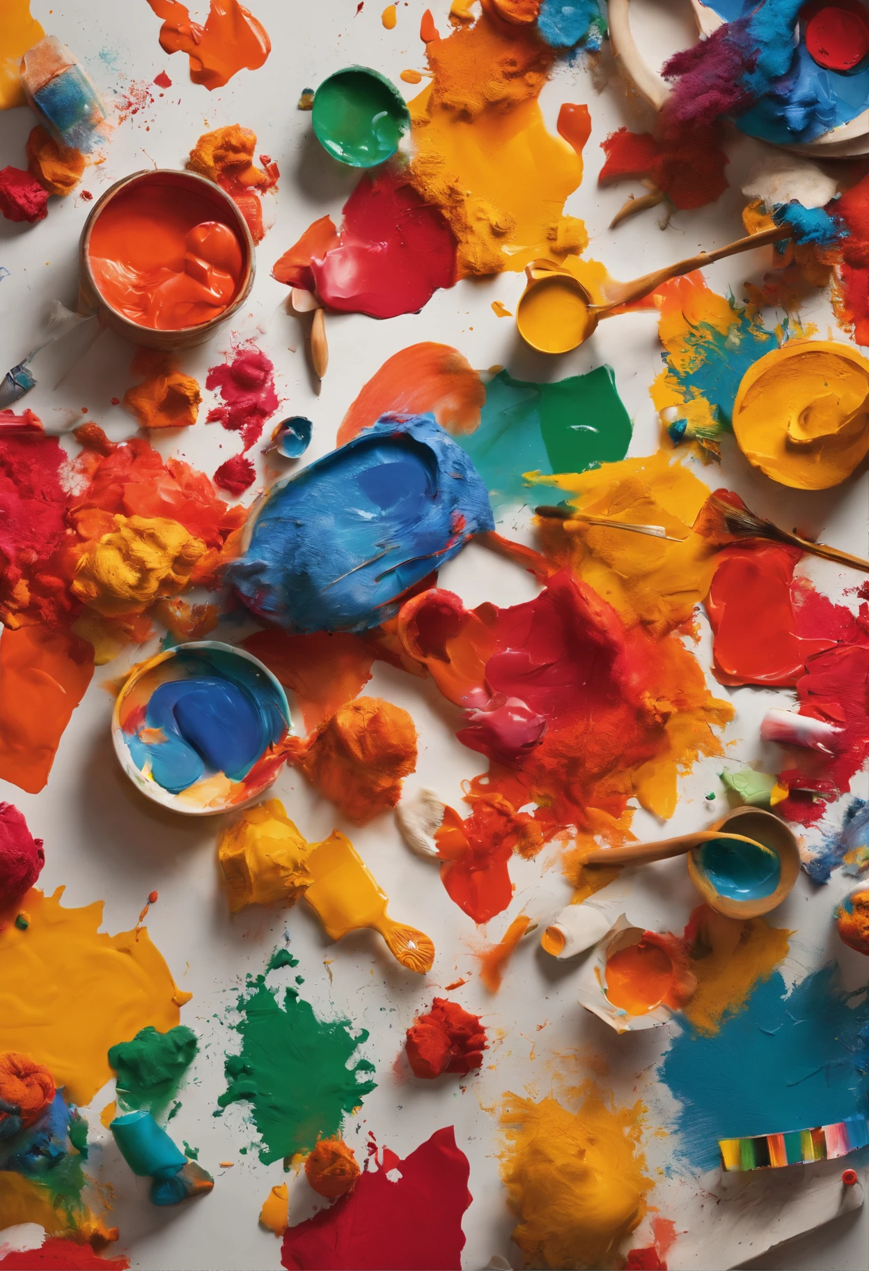 Explosion of Artistic Colors:
Um design que apresenta a palavra "Art Education" with bold, multicolored letters that seem to explode in a shower of paints and brushes. A color palette is present next to the word, Adding more liveliness to the composition.