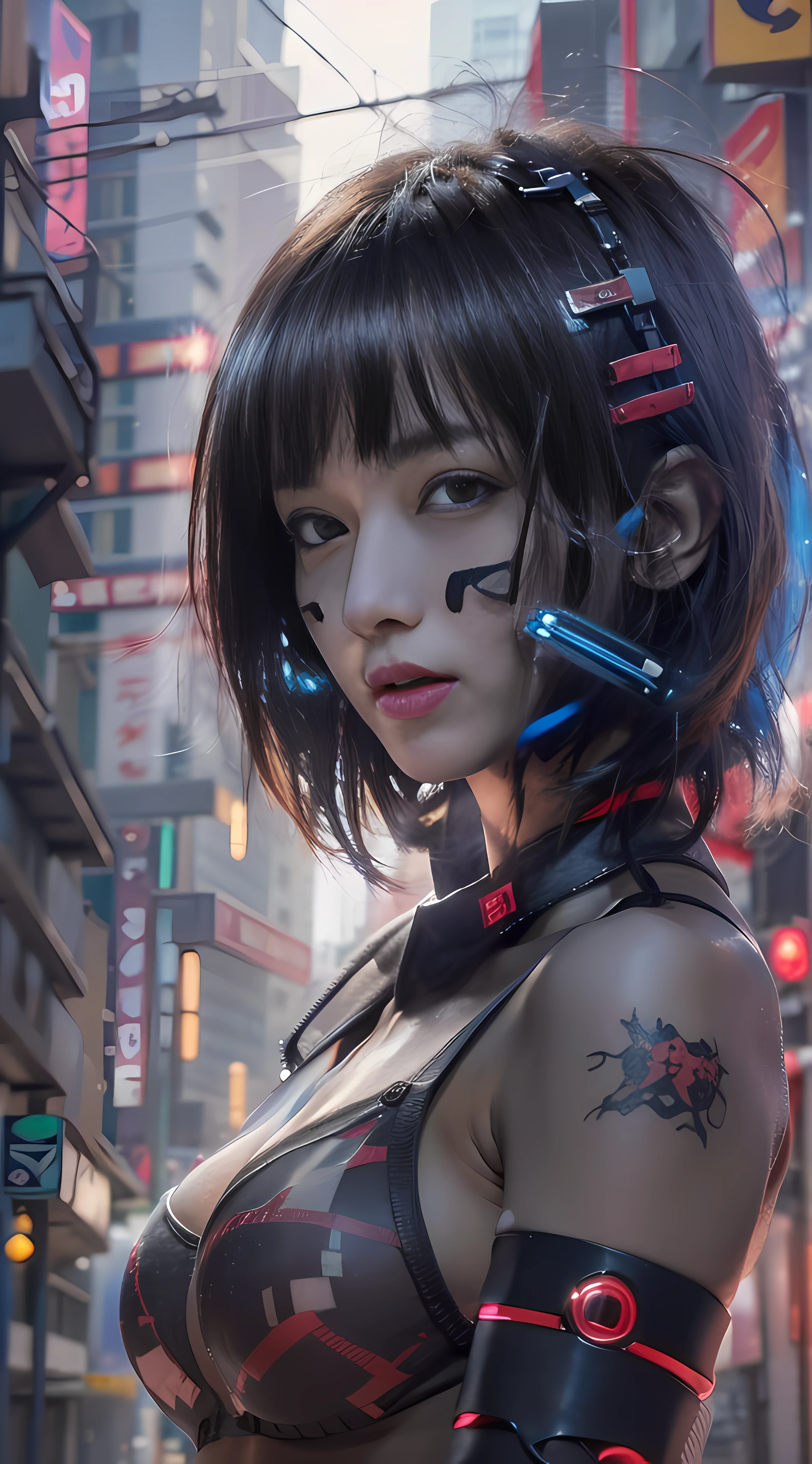 "Artistic Image NSFW *naked girl(, The center of this scene is full body portrait a young very beautiful Japanese girl 19 years old is a hacker full length . With a short haircut. Cyber-implants on the face and hands. Cyberpunk tattoos on the neck and arms. Short boots. Fishnet stockings. Stands full length in the middle of a dirty cyberpank city street. Drawing inspiration from Masamune Shirow, the illustration features sharp focus, smooth transitions, and an underlying watercolor aesthetic. The environment is filled with digital screens and neon lights, adding to the cyberpunk atmosphere.", 35mm, Medium Shot, Studio Lighting, Highly Detailed, Octane Render, ultra hd, realistic, vivid colors, highly detailed, UHD drawing, pen and ink, perfect composition, beautiful detailed intricate insanely detailed octane render trending on artstation, 8k artistic photography, photorealistic concept art, soft natural volumetric cinematic perfect light