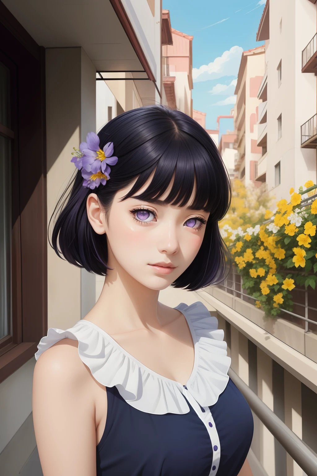 (masterpiece),(best quality:1.0), (ultra highres:1.0), detailed illustration, portrait, detailed,1 girl, detailed frilled clothes, detailed beautiful skin, face focus, in street, spring, flowers in balcony,Blunt Bangs, purple eyes, medium dark blue hair
