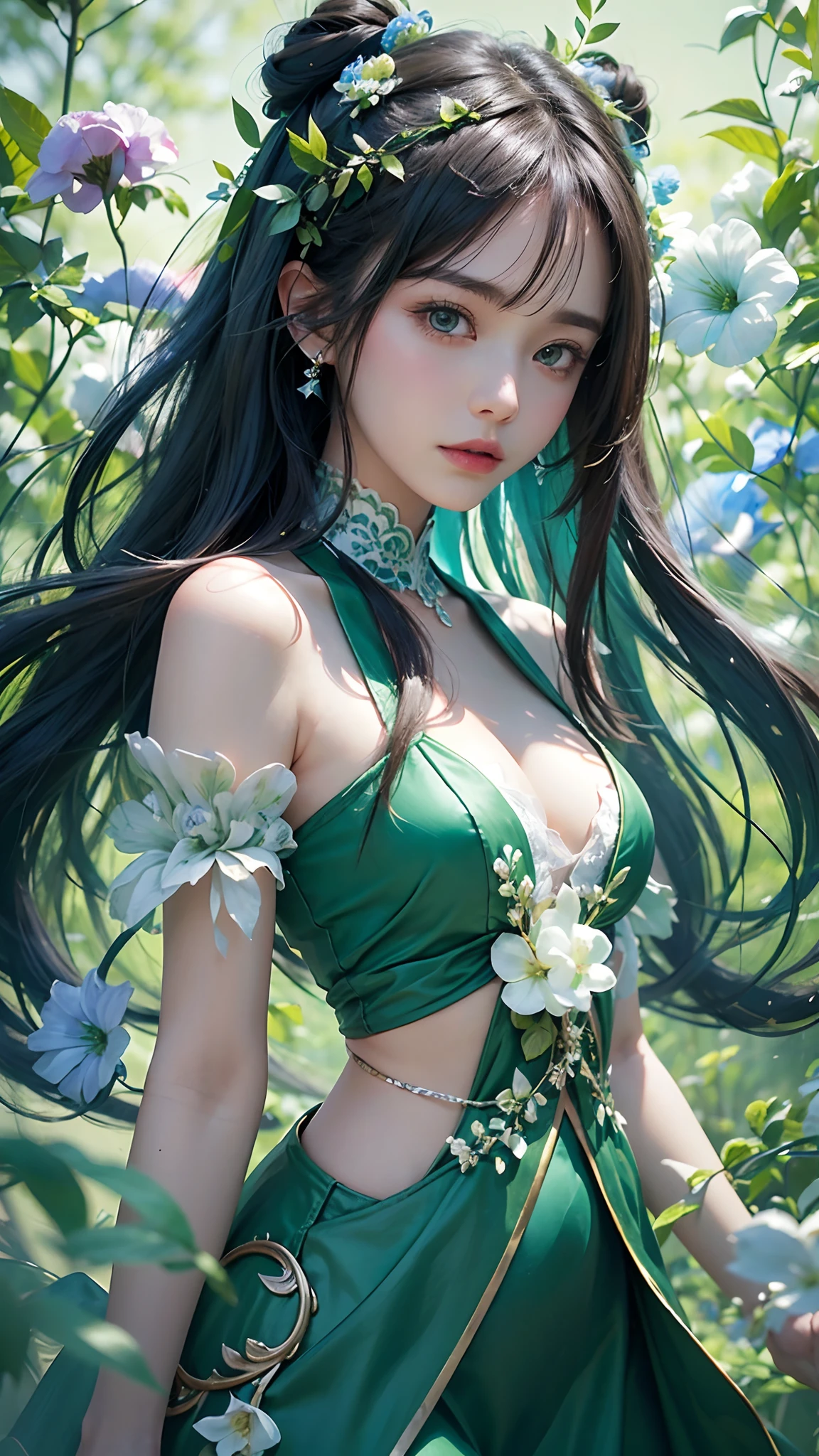 1girl, long hair, flower, Lisianthus, in the style of green and light azure, dreamy and romantic compositions, green, ethereal foliage, playful arrangements, fantasy, high contrast, ink strokes, explosions, over exposure, green and blue tone impression, abstract, attractive pose,