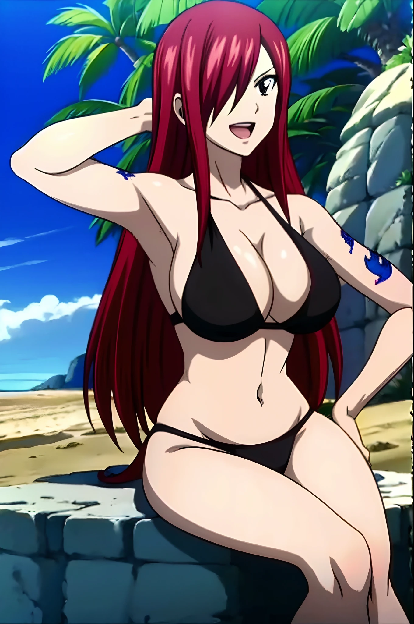 Scarlet erza, black bikini, adult woman, big breasts, sitting, cowboy shot, best quality, (clean body), fair skin, (tattoo on left shoulder only), beach, stomach, upper body only, navel, smile, open mouth, biceps lines, armpit