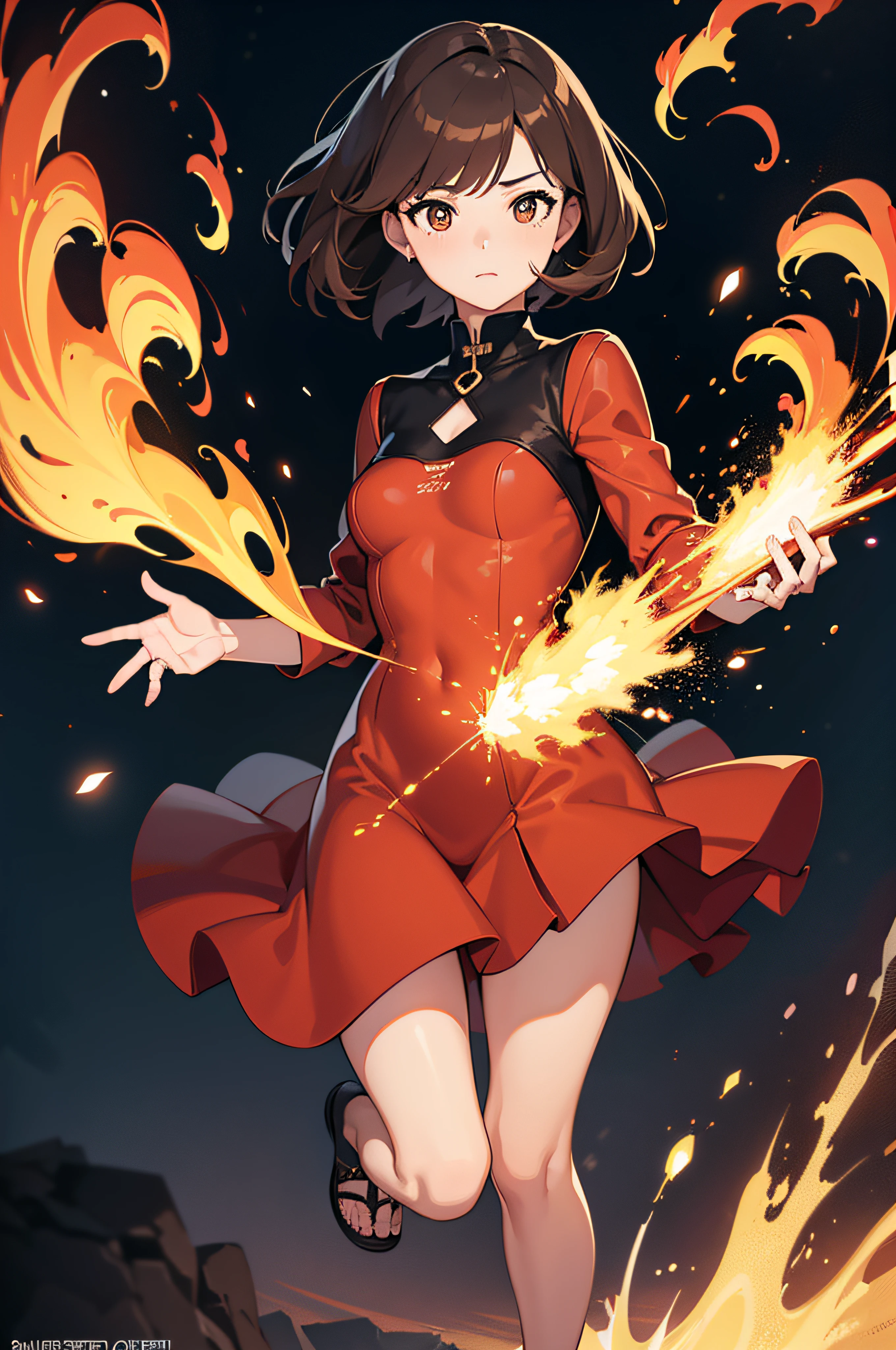 Best Quality, Unity 8k Wallpapers, 32K, masterpiece, ultra-detailliert, A high resolution, realisitic, masterpiece, 1girl, short brown hair, brown eyes, realistic pupils, fire witch, full body, long red dress, light particles, wallpaper, colorful, explosion