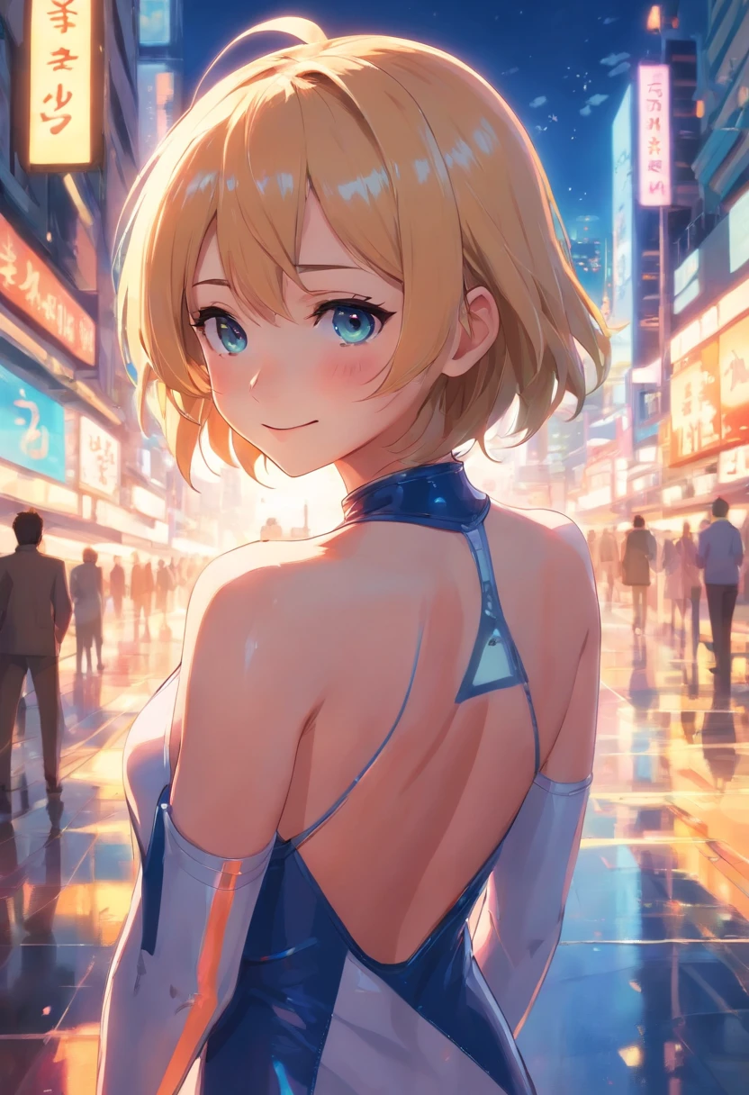 1girll, Solo, Auf den Beinen stehenGolden Augen Sci-Fi, Ein futuristische Stadt Hintergrund im Hellen neonlicht Sexy pose lange blonde haare latexanzug rot rote lange handshuhe, One piece latex best quality, high resolution, Ultra-detailliert, Lebendige Textur, Thin one-piece latex clothing ,Gesichtsausdruck,Say goodbye to the look of joyful r expression sexy cute smile small boobs hot