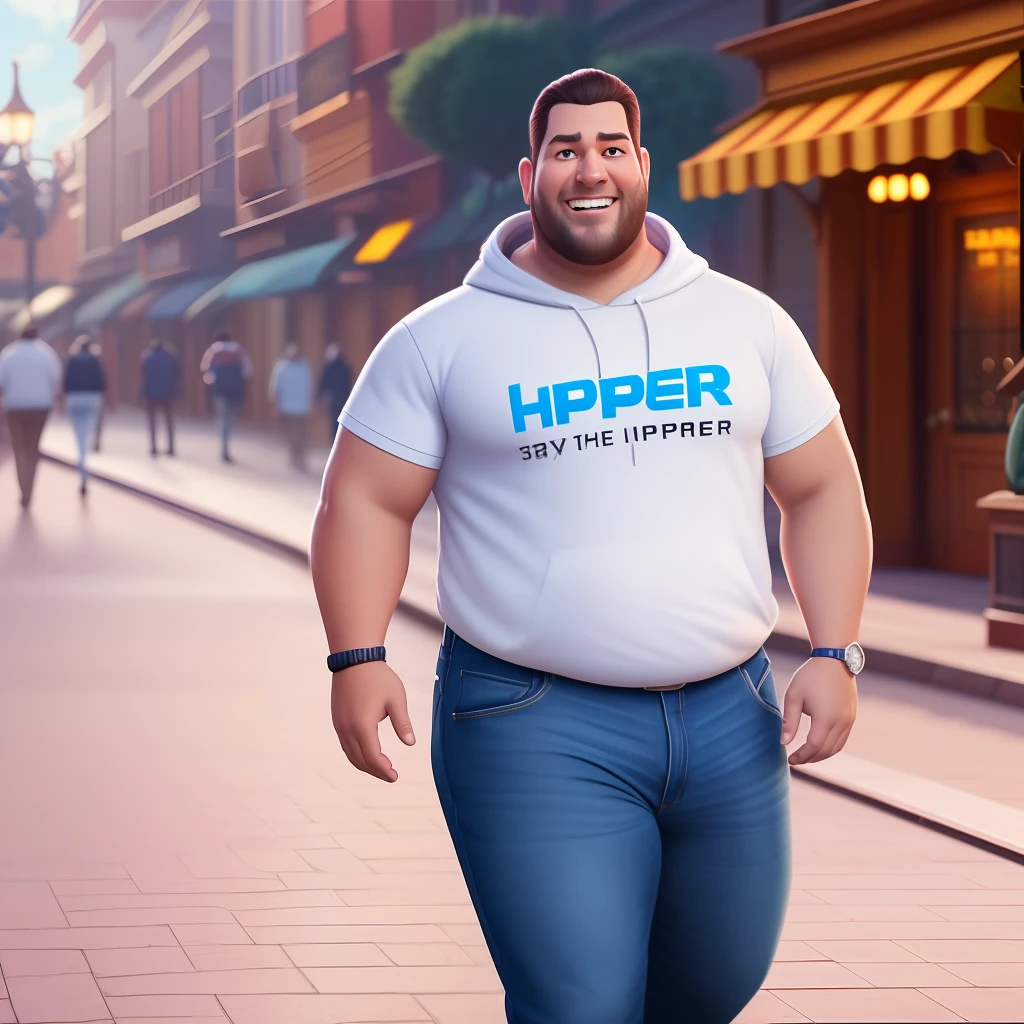 At that moment, a man with a medium fat body, dressed in jeans, a white shirt and a hoodie, appeared walking. He is the man of the smile. Hyper-realistic, 8k, Ultra HD, Pixar Style, Disney Style, 4D Cinema – AR32 --auto --s2