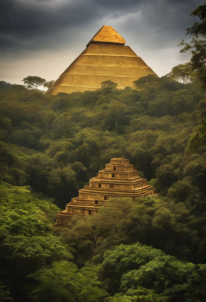 El Dourado, The lost city seen among the trees of a dense forest, uma grande piramide dourada brilhando com a luz do sol, fotografia realista.