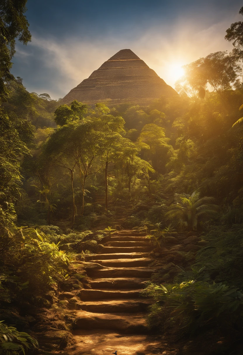 El Dourado, The lost city seen among the trees of a dense forest, uma grande piramide dourada brilhando com a luz do sol, fotografia realista.