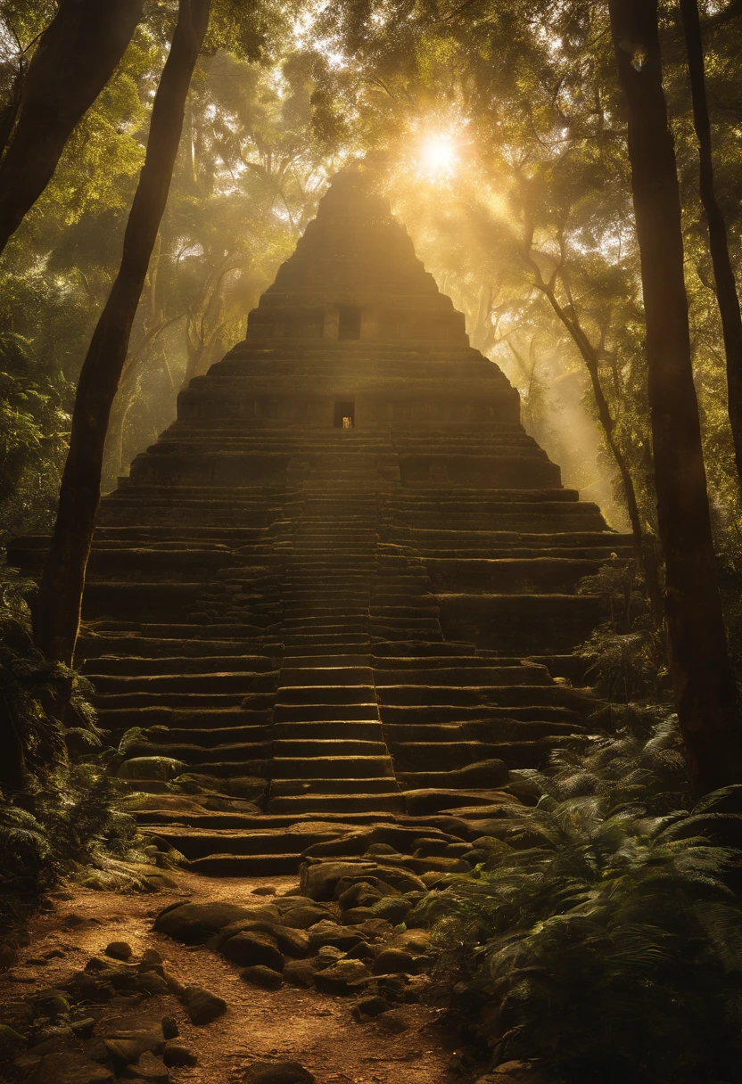 El Dourado, The lost city seen among the trees of a dense forest, uma grande piramide dourada brilhando com a luz do sol, fotografia realista.