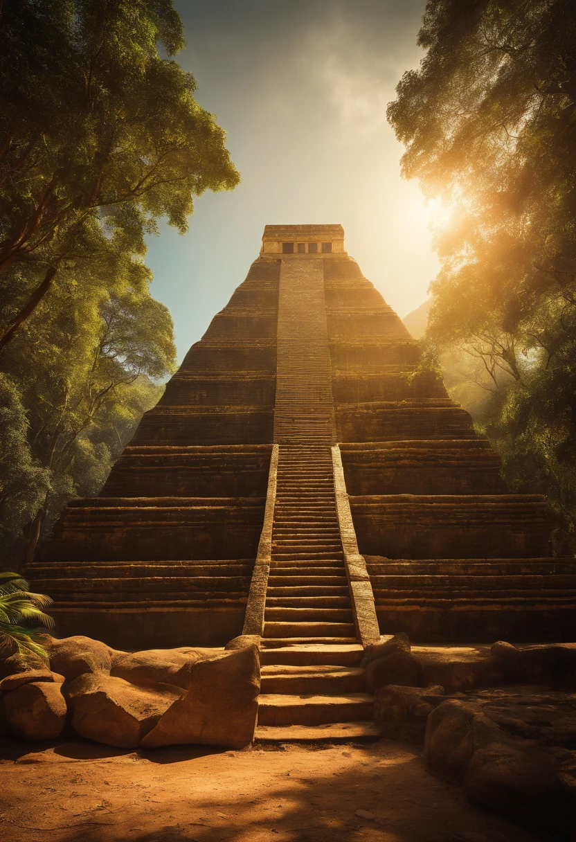 El Dourado, The lost city seen among the trees of a dense forest, uma grande piramide dourada brilhando com a luz do sol, fotografia realista.