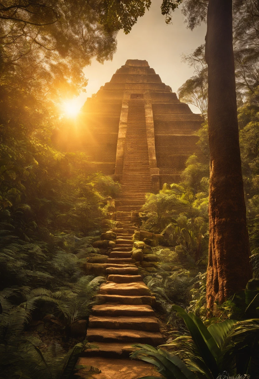 El Dourado, The lost city seen among the trees of a dense forest, uma grande piramide dourada brilhando com a luz do sol, fotografia realista.