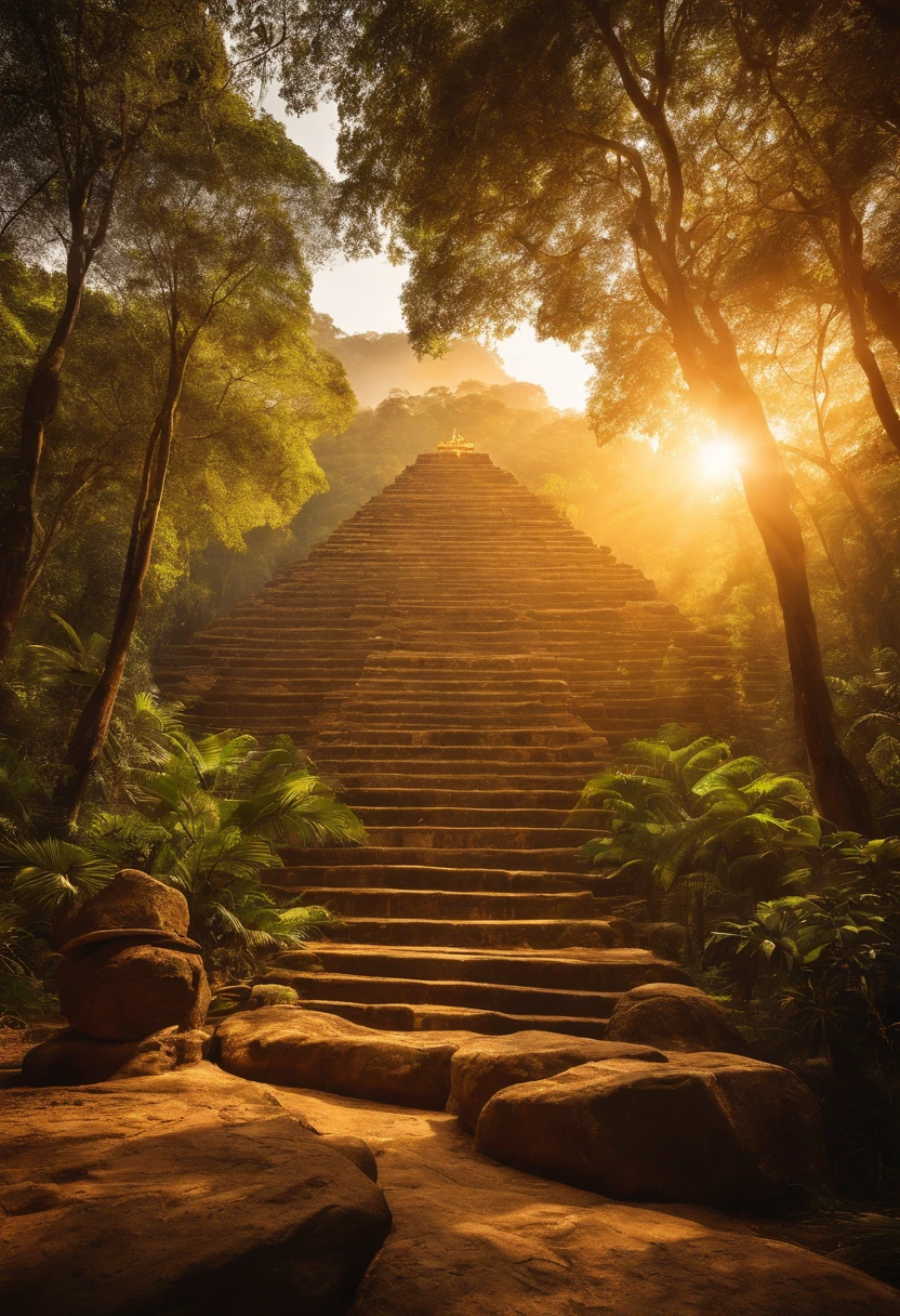 El Dourado, The lost city seen among the trees of a dense forest, uma grande piramide dourada brilhando com a luz do sol, fotografia realista.