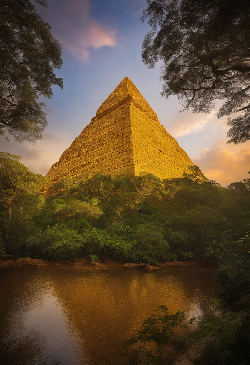 El Dourado, The lost city seen among the trees of a dense forest, uma grande piramide dourada brilhando com a luz do sol, fotografia realista.