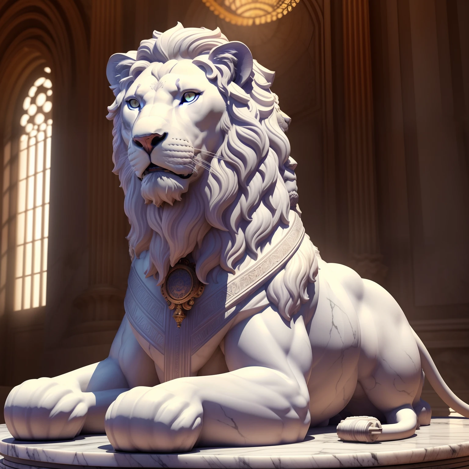 A realistic white marble statue of a steampunk violet lion lying on its side, carefully detailed, wearing a ghostly toga, perfect symmetrical eyes, fundo preto, Moody, fotorrealista, super detalhada, Hiper realista, luzes brilhantes, 8k