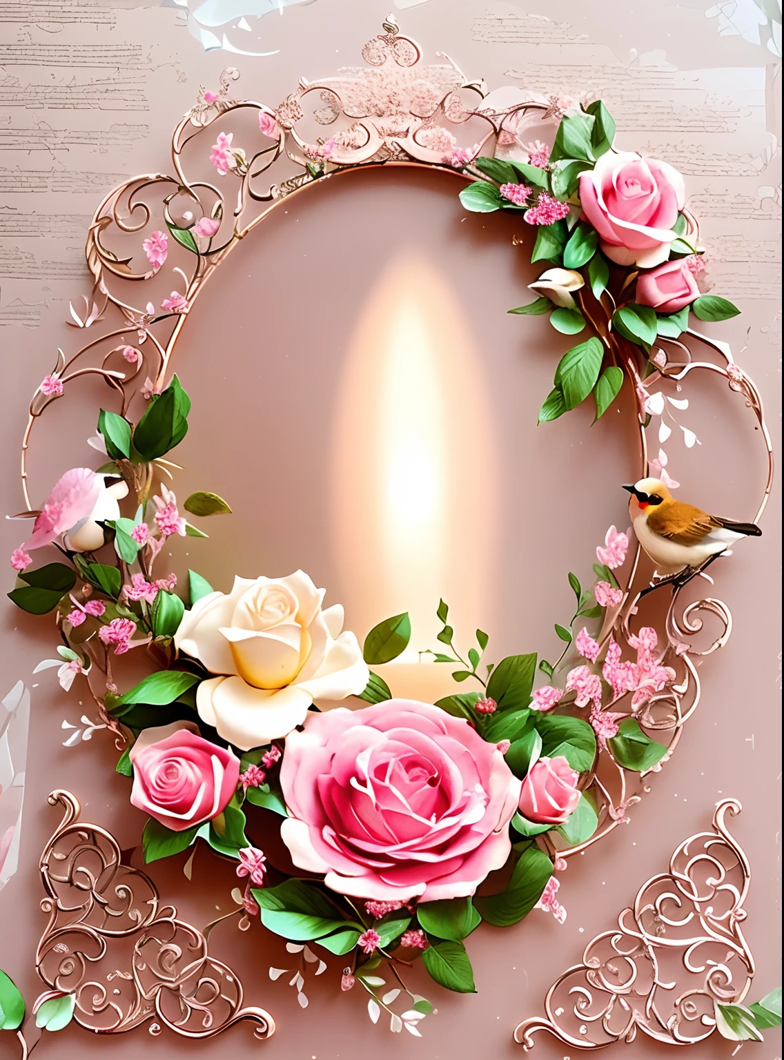 a closeup of an image of a bird and flowers, moldura da flor, Vindima - W 1 0 2 4, floral ornamentado, many birds and roses fly around, coroa de rosas, pastel roses, Roses, lindas molduras, Jardim delicado sobre papel, translucent roses ornate, rosas decorativas, botanico, moldura ornamentada, Rosen Maiden, portal feito de rosas, retire a cor da moldura