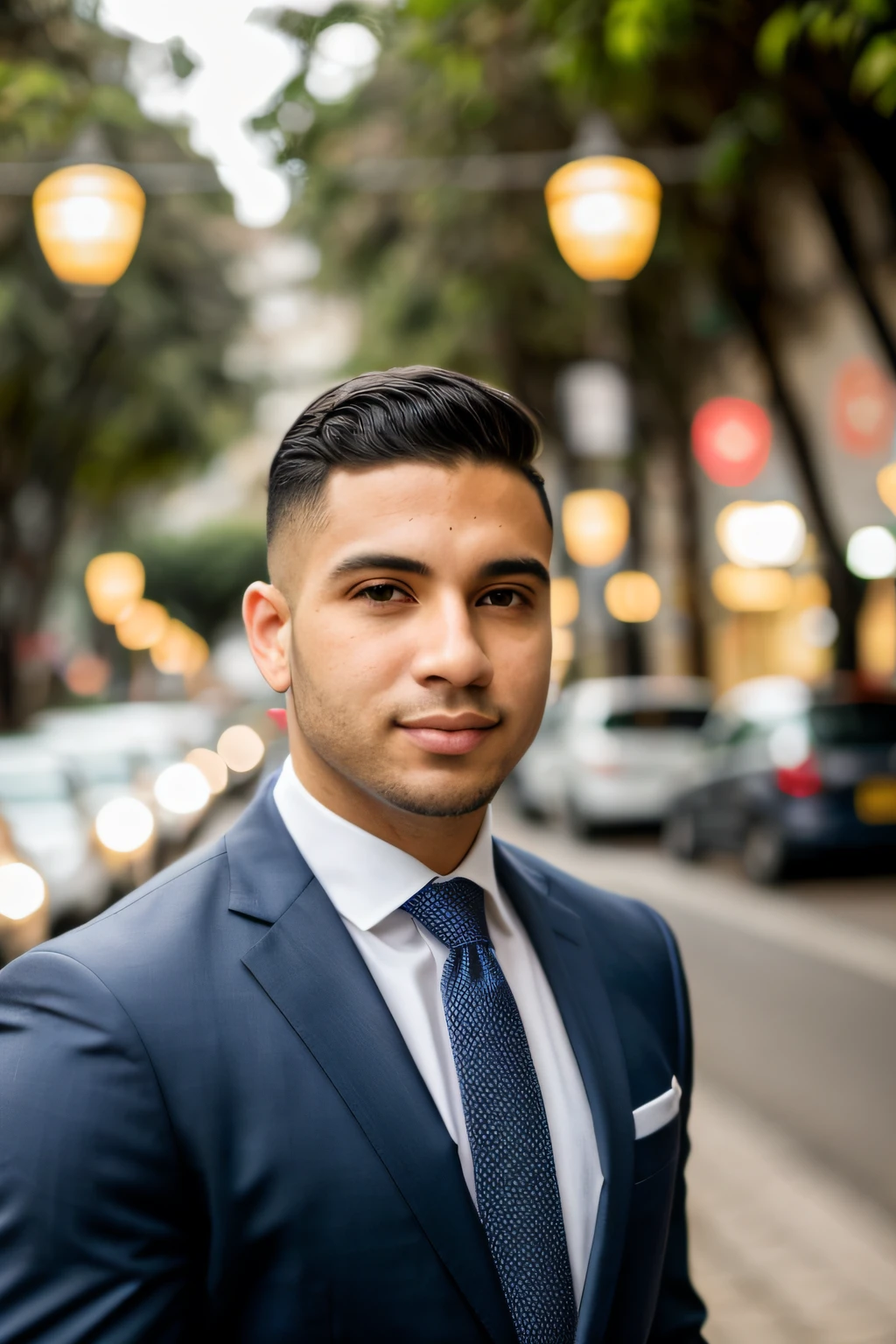 Foto de rosto de homem caucasiano com roupas pretas, elegante, majo, realista, rua da cidade noturna, Bokeh