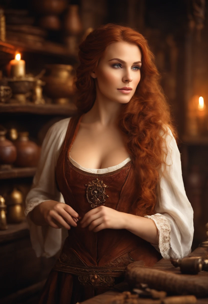 perfect photo, waist up, young female merchant, auburn hair beauty, busty, cleavage, detailed background, medieval, in her shop, fantastic items, fantasy, magic, potions, devices, 22 years old, real skin texture, skin pores, detailed hair