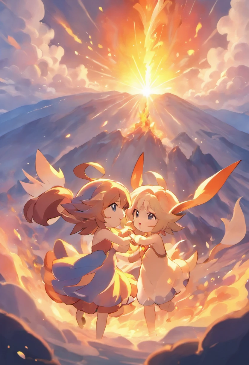 A touching scene in ultra-high definition 3D showcasing Glurak making a wish beside a raunchy volcano. Glurak, beautifully rendered in detail, is seen gently blowing fire into the air, each one carrying a hopeful wish. The fire catch the reflection of the setting sun, creating a dreamy, magical effect. The overall atmosphere is tender, filled with hope and serenity