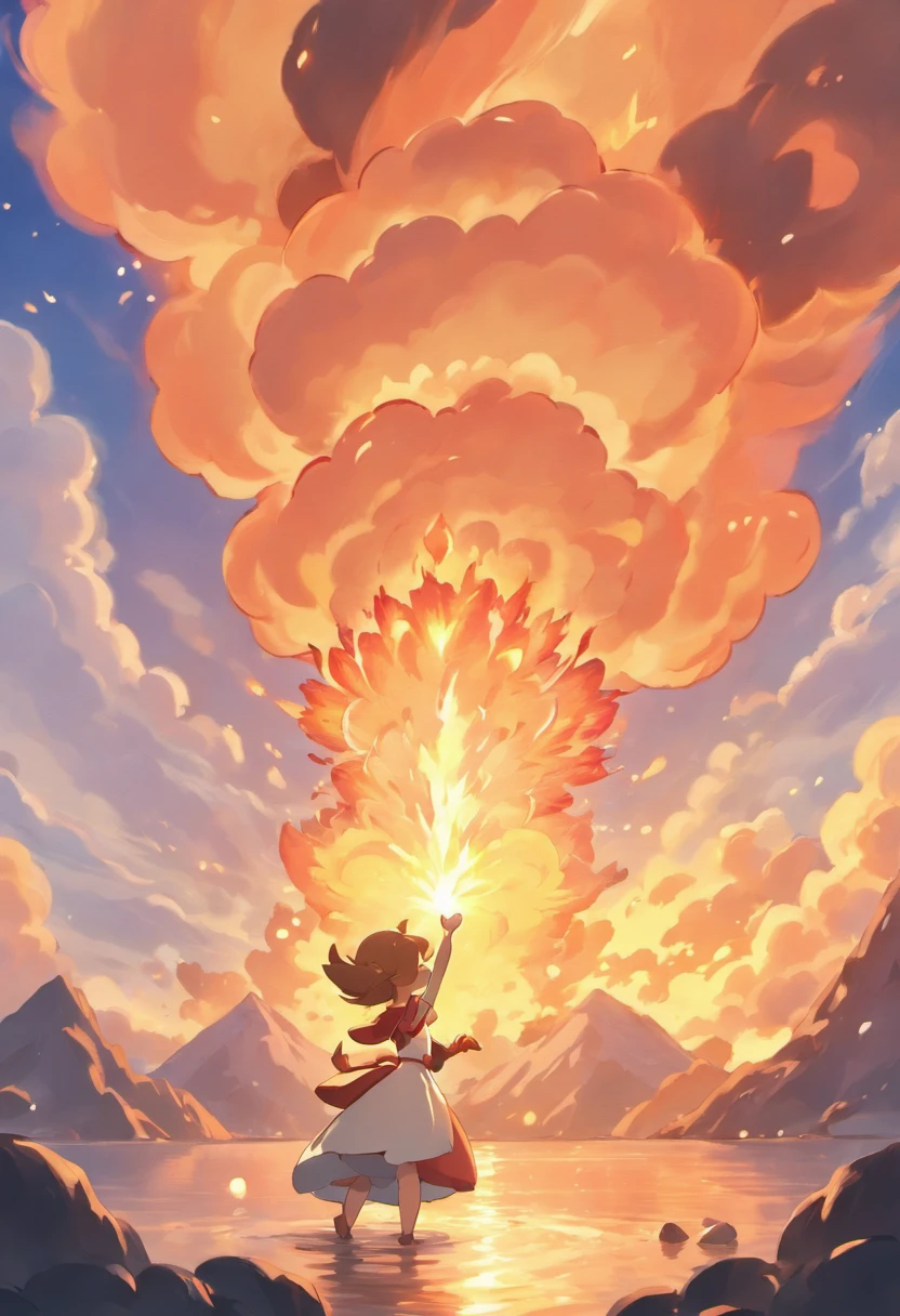 A touching scene in ultra-high definition 3D showcasing Glurak making a wish beside a raunchy volcano. Glurak, beautifully rendered in detail, is seen gently blowing fire into the air, each one carrying a hopeful wish. The fire catch the reflection of the setting sun, creating a dreamy, magical effect. The overall atmosphere is tender, filled with hope and serenity