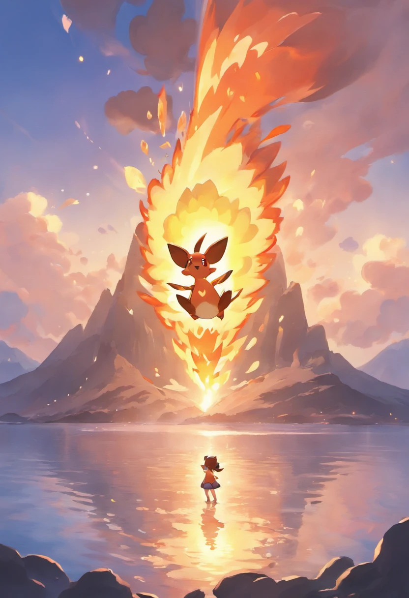 A touching scene in ultra-high definition 3D showcasing Glurak making a wish beside a raunchy volcano. Glurak, beautifully rendered in detail, is seen gently blowing fire into the air, each one carrying a hopeful wish. The fire catch the reflection of the setting sun, creating a dreamy, magical effect. The overall atmosphere is tender, filled with hope and serenity