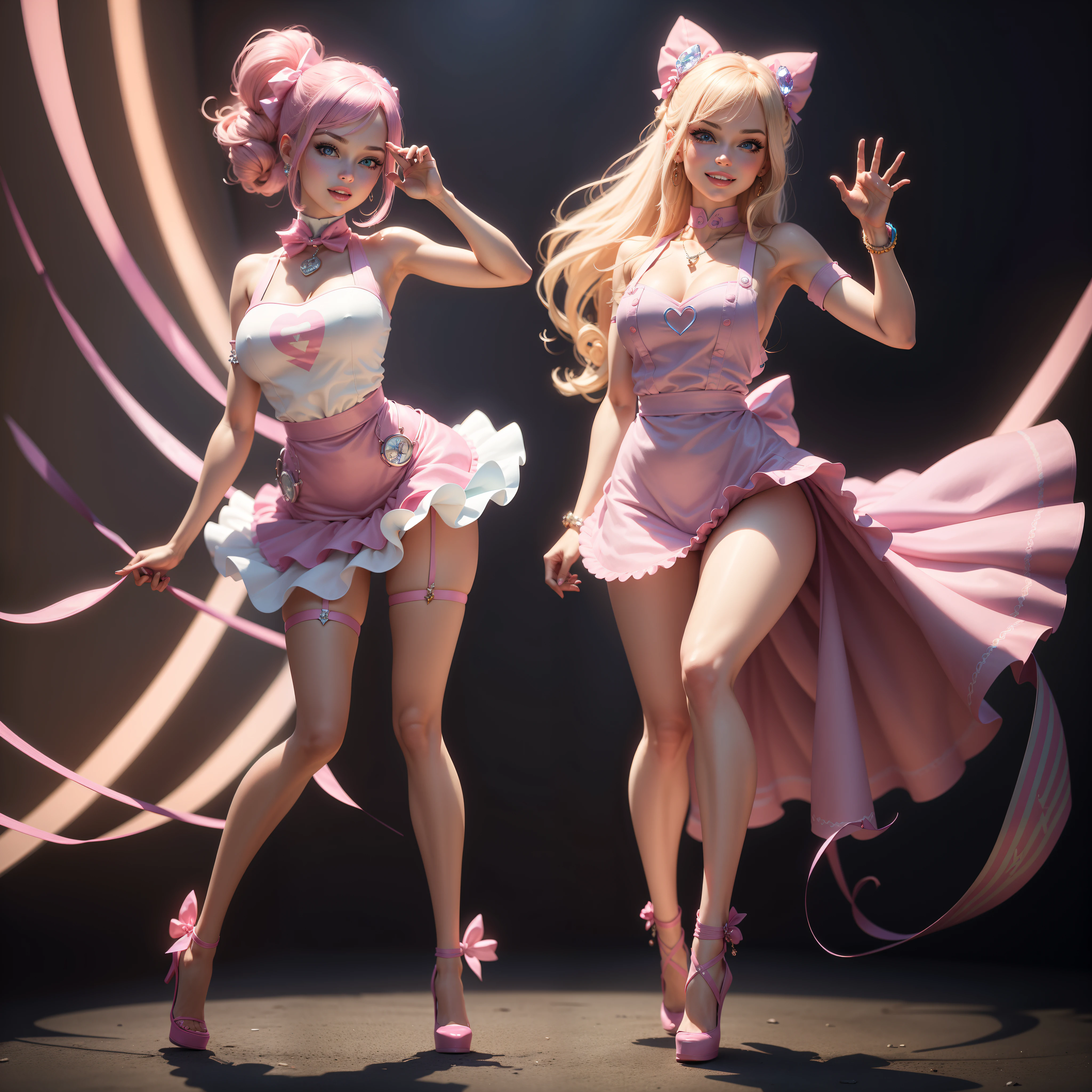 Barbie, ((Full body)), Blue eyes, Smiling face, Hair loss swaying in the wind, Hip Hop Singer Pose, Dressed in hip-hop style, Wearing a pink apron that reflects light,swarovski,pasties,With a pink bow on the arm, Fashion, Extremely high quality, high details, 8K, clean back ground, in studio, ((Full body shot)),Align your fingers neatly,Accurate Hand Modeling,wave her hand,