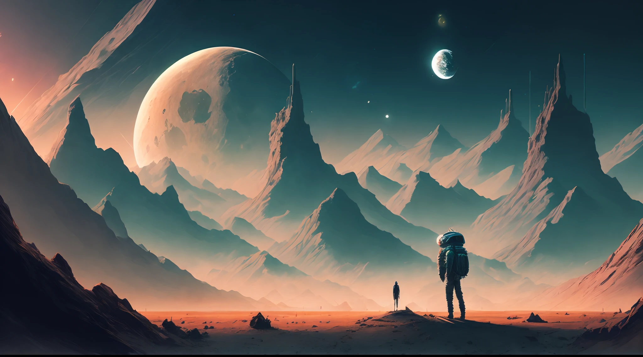 A man with a cap, standing in front of an alien landscape of mountains, rocks and the moon, Christopher Baraskas, with a split door in the sky