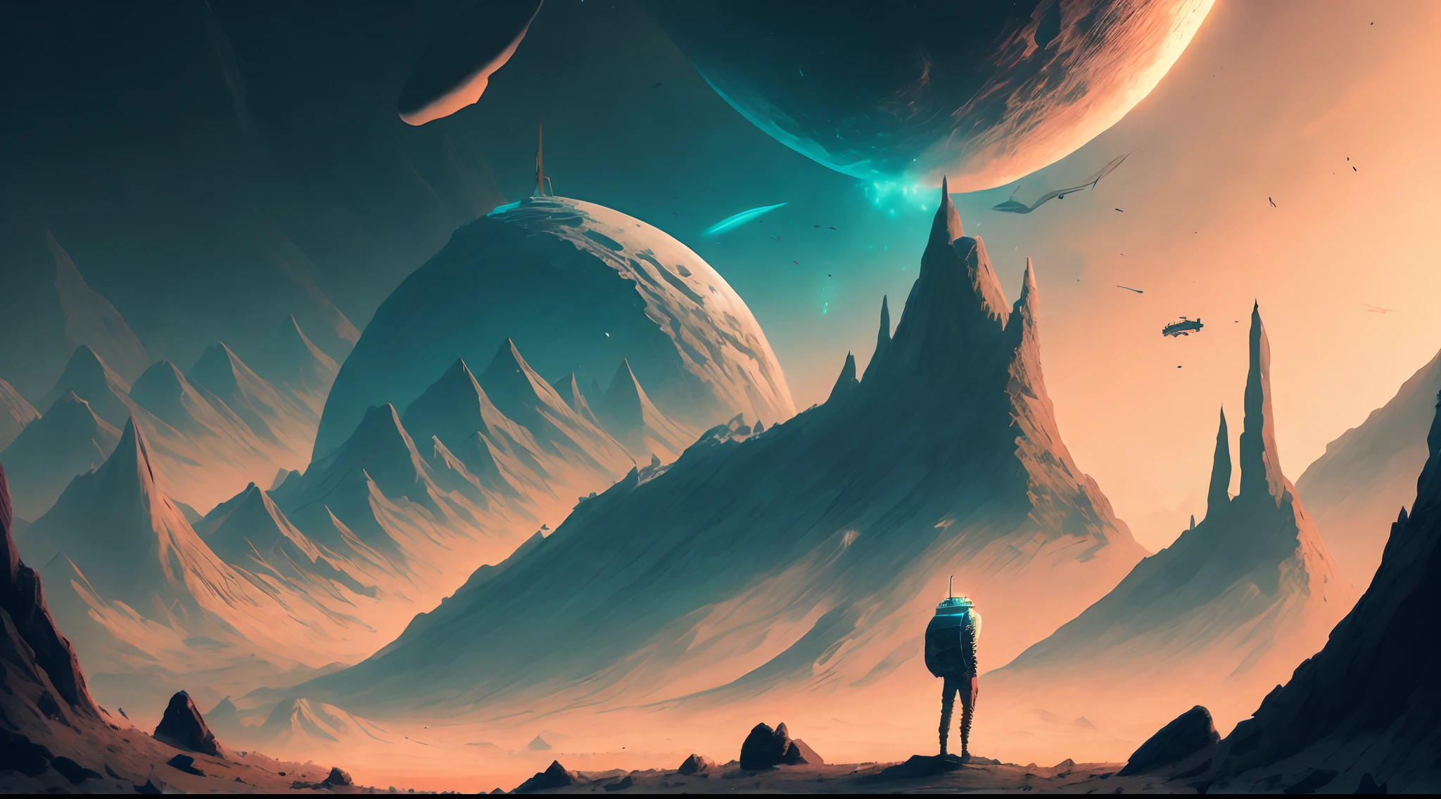 A man with a cap, standing in front of an alien landscape of mountains, rocks and the moon, Christopher Baraskas, with a split door in the sky