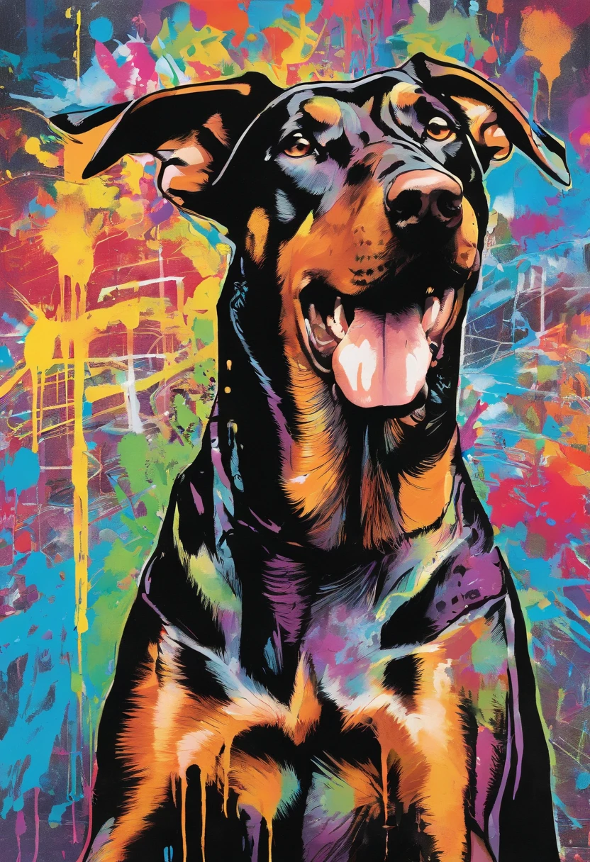 by Graffiti By Thierry Guetta,Coloring, (((Dobermann dog)))), Splashing,Punctuated Ear, Disembodied Head, Mixing Color Ink Stream, Photorealistic, American Doberman, Intrinsically Detailed, Gouache, Evil Face, Calligraphy, Acrylic, (Bone:1.5), 8k Concept Art, Technicolor, Intimidating, Complex, Elegant, Expansive, Fantastic, (Paintmagic Style), Graffiti By Thierry Guetta, Markers.