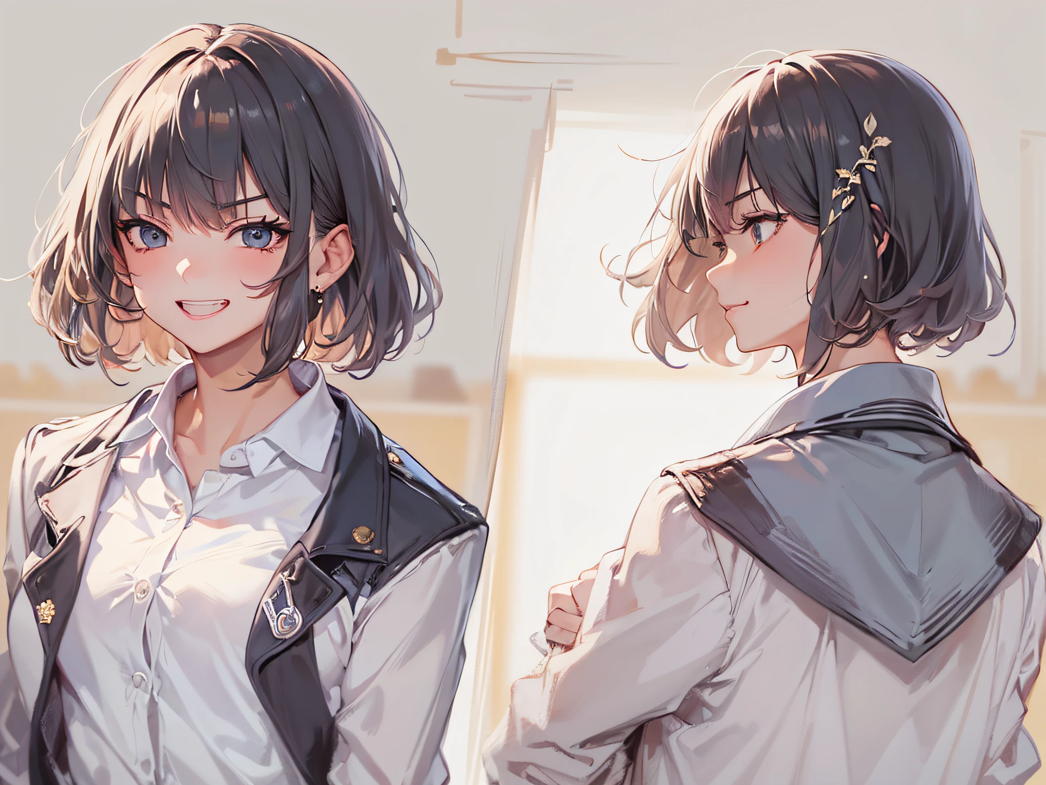 (UHD), (best quality), (masterpiece), HD, 4K, 8k, super detail, CharacterDesignSheet, multi view, Multiple facial expressions, Anime-style beautiful girl, 18 only, 独奏, smooth skin, Wearing a blazer uniform, A dark-haired, Black eye, Short Bob Cut, white backgrounid, bustup, medium breasts, a smile, angry looking face, profile, Happy face
