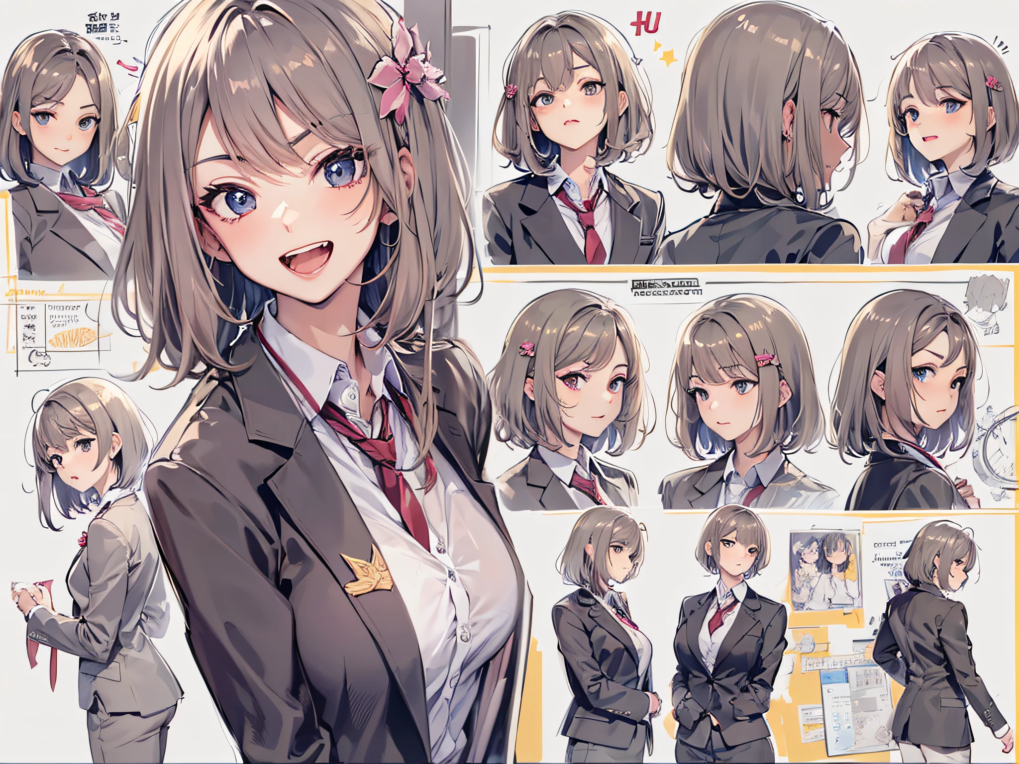 (UHD), (best quality), (masterpiece), HD, 4K, 8k, super detail, CharacterDesignSheet, multi view, Multiple facial expressions, Anime-style beautiful girl, 18 only, 独奏, smooth skin, Wearing a blazer uniform, A dark-haired, Black eye, Short Bob Cut, white backgrounid, bustup, medium breasts⁩, a smile, angry looking face, profile, Happy face