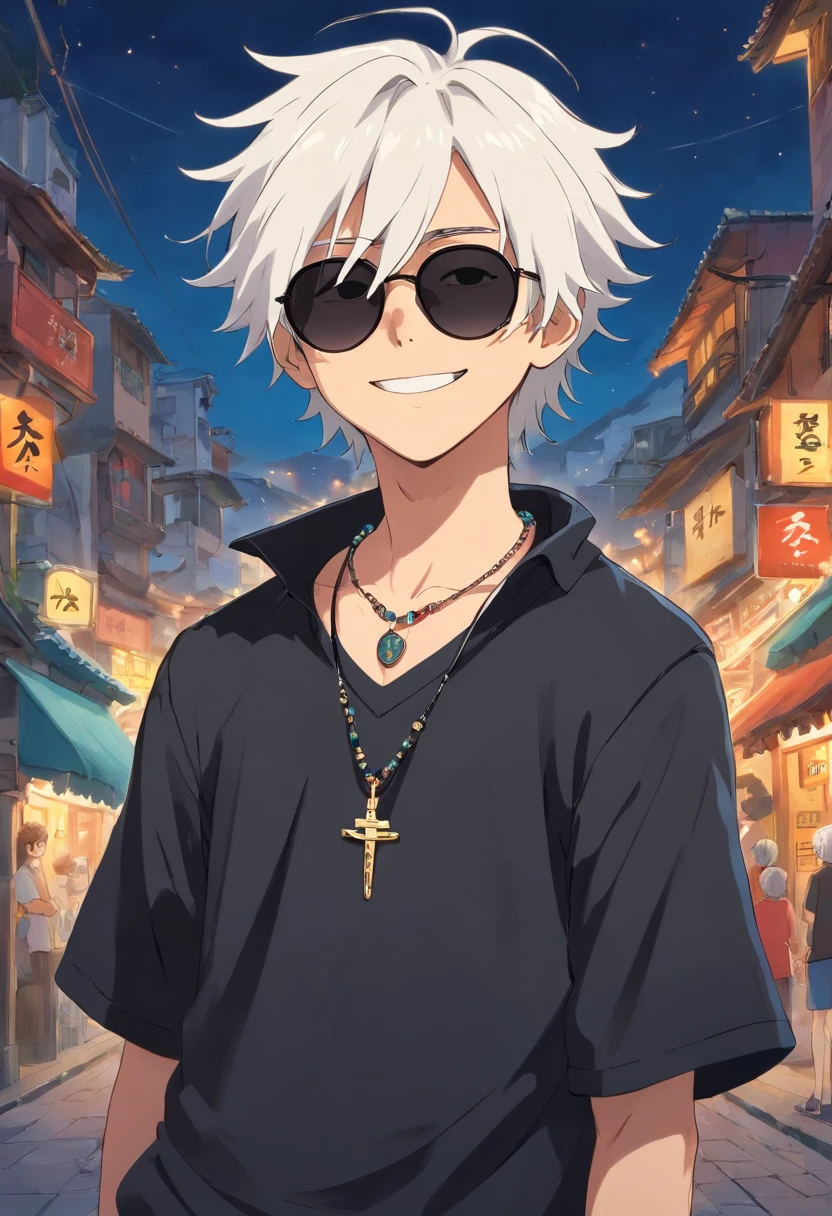 anime boy with white dreads, sunglasses, wears black clothes, has a small necklace around his neck and expresses joy