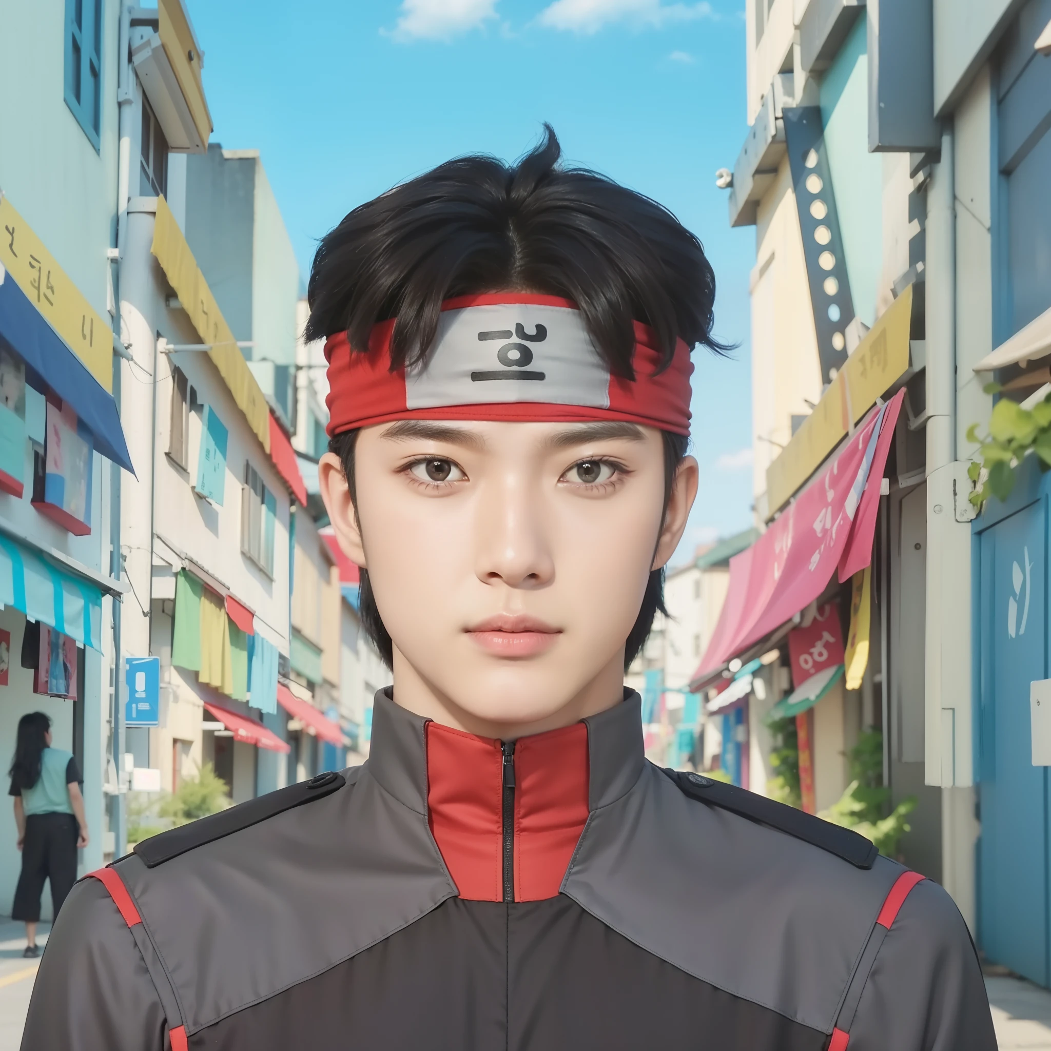 Real life adaption of this character , Korean handsome man ,realistic black messy hairstyle,realistic same outfit,hyper realistic,realism,realistic light,realistic shadow(photorealistic:1.2),headband