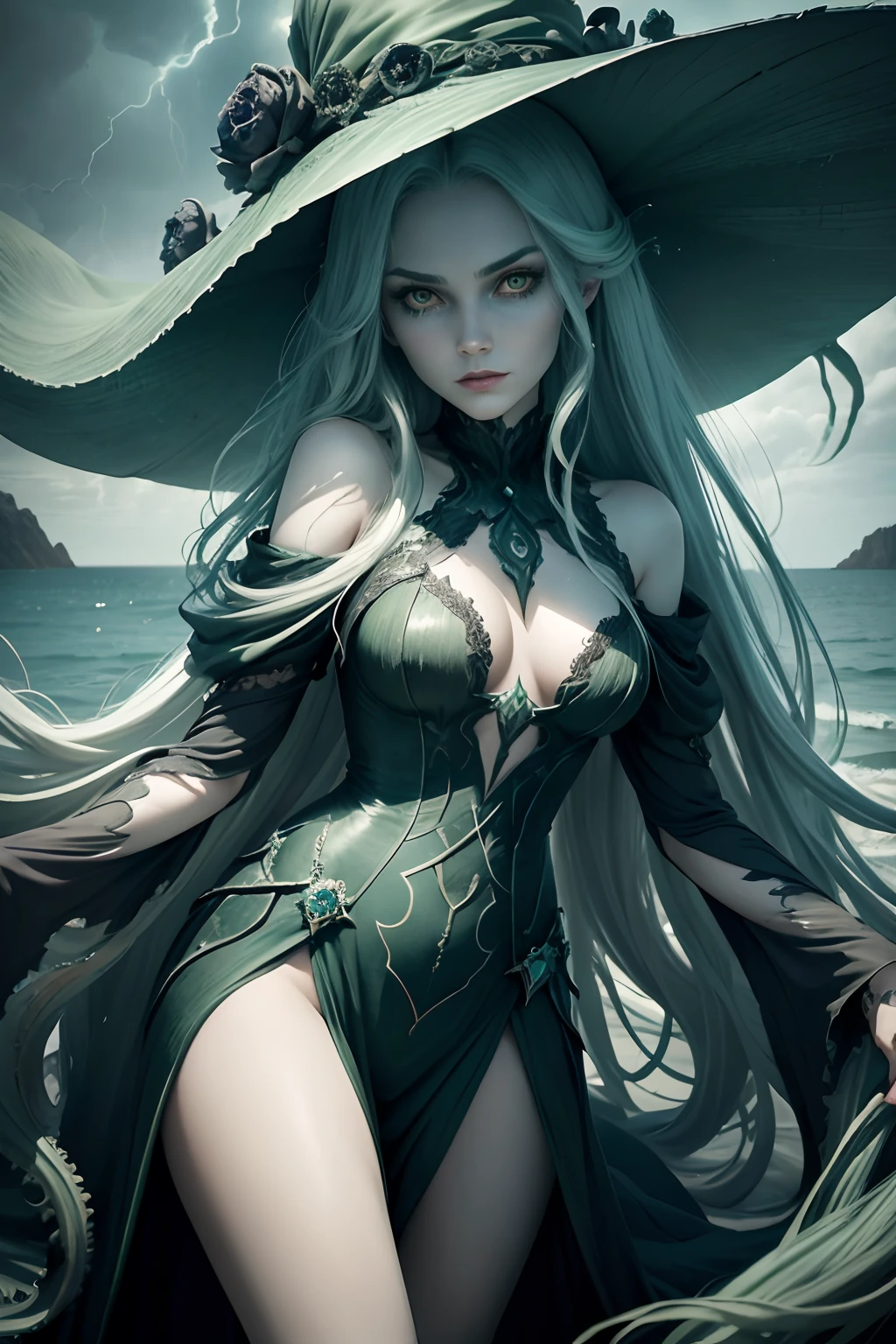 a picture of a sea witch, long green hair, evil, villain, she is coming to you, up close, dark ocean,( underwater:1.1), lightning, bright eyes, wearing a dress made of algae, tentacles, octopus, (up close:1.3)
