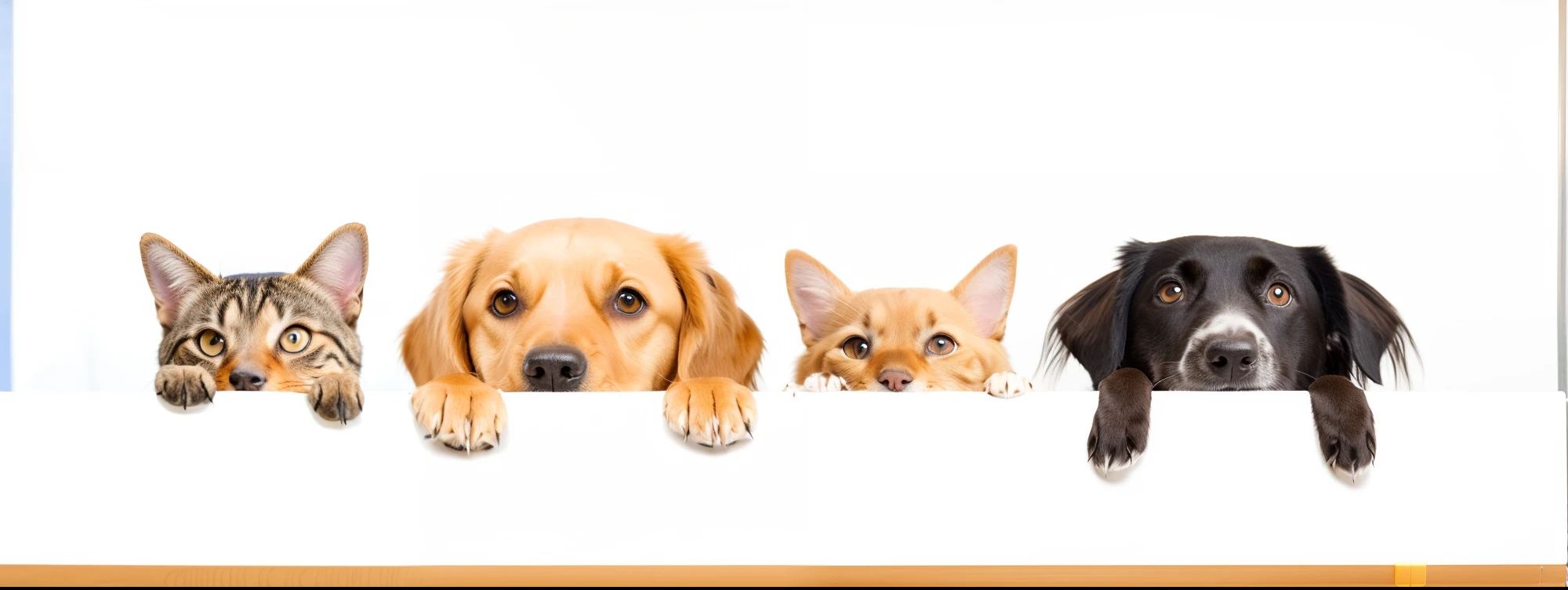 there are four dogs and three cats standing behind a white board