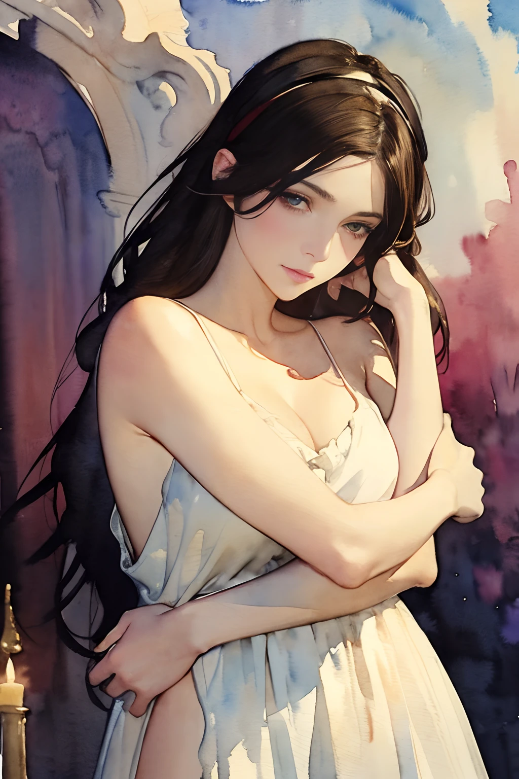 (((watercolor painting by singer sargent)))
Adult beautiful mexican woman, spaghetti strap dress, hugging herself lovingly looking at viewer, hair pulled back, headband, seductive feminine gaze, dark eyes,