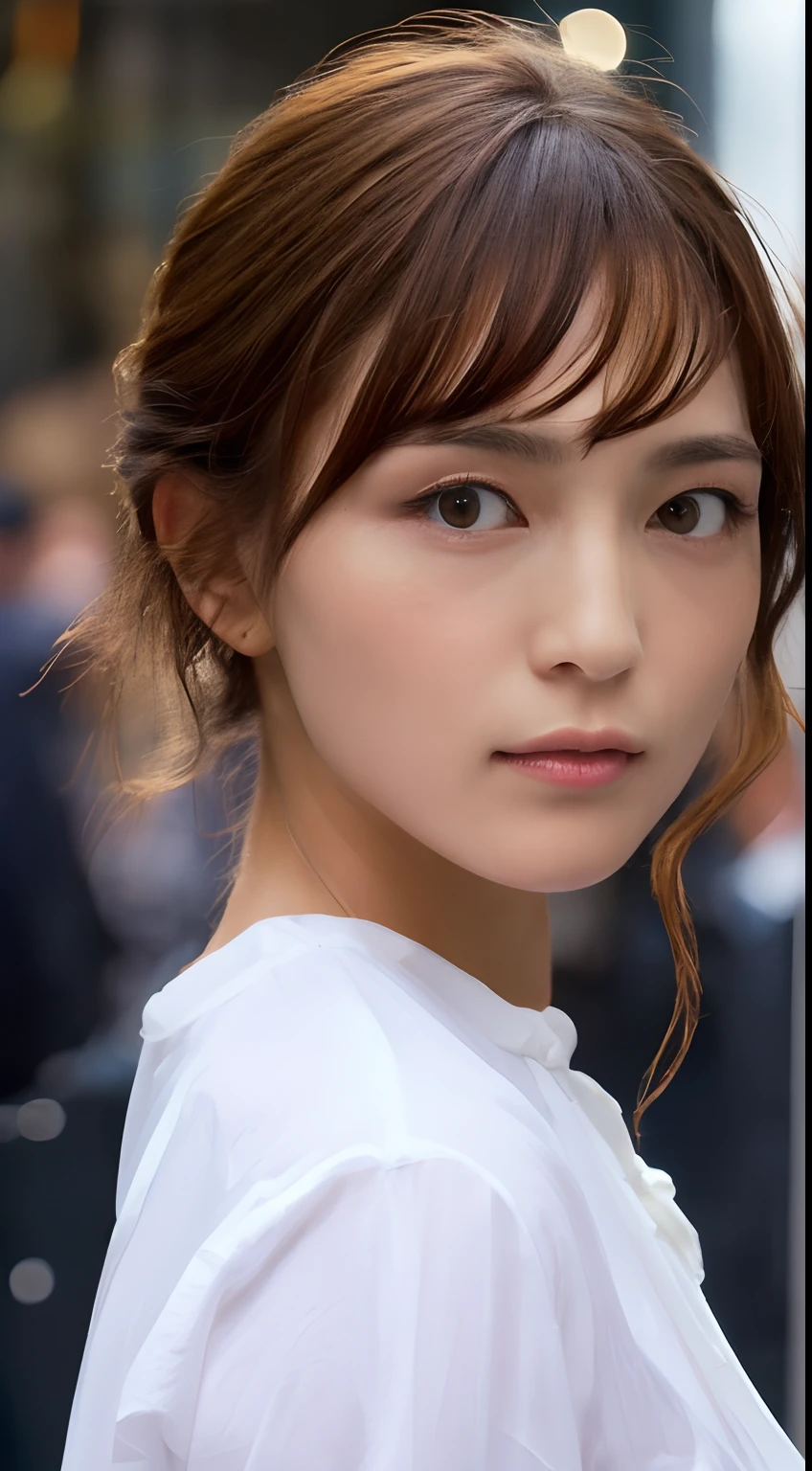 ((Best Quality, 8K, Masterpiece: 1.3)), Sharp: 1.2, Perfect Body Beauty: 1.4, Slim Abs: 1.2, ((Layered Hairstyle, Big Breasts: 1.2)), (Wet White Button Long Shirt: 1.1), (Rain, Street: 1.2), Wet: 1.5, Highly detailed face and skin texture, detailed eyes, double eyelids, side face looking at the camera