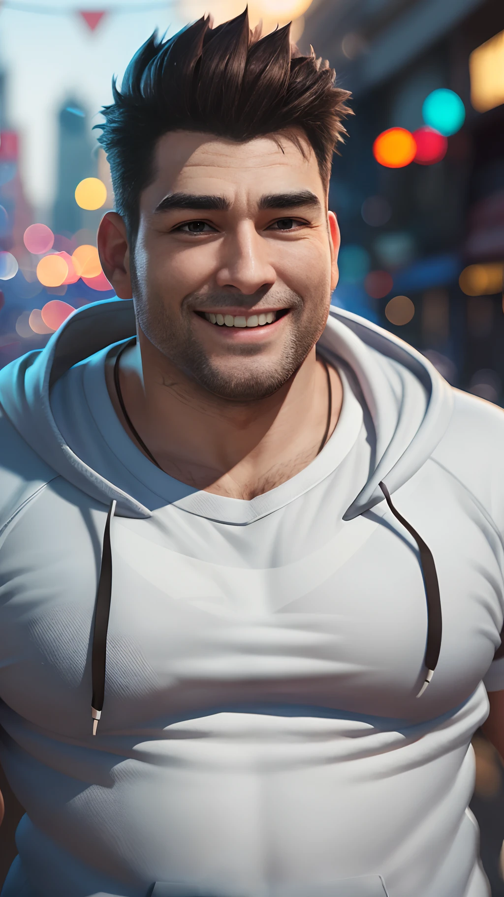 At that moment, a man with a medium fat body, dressed in jeans, a white shirt and a hoodie, appeared walking. He is the man of the smile. Hyper-realistic, 8k, Ultra HD, Pixar Style, Disney Style, 4D Cinema – AR32 --auto --s2