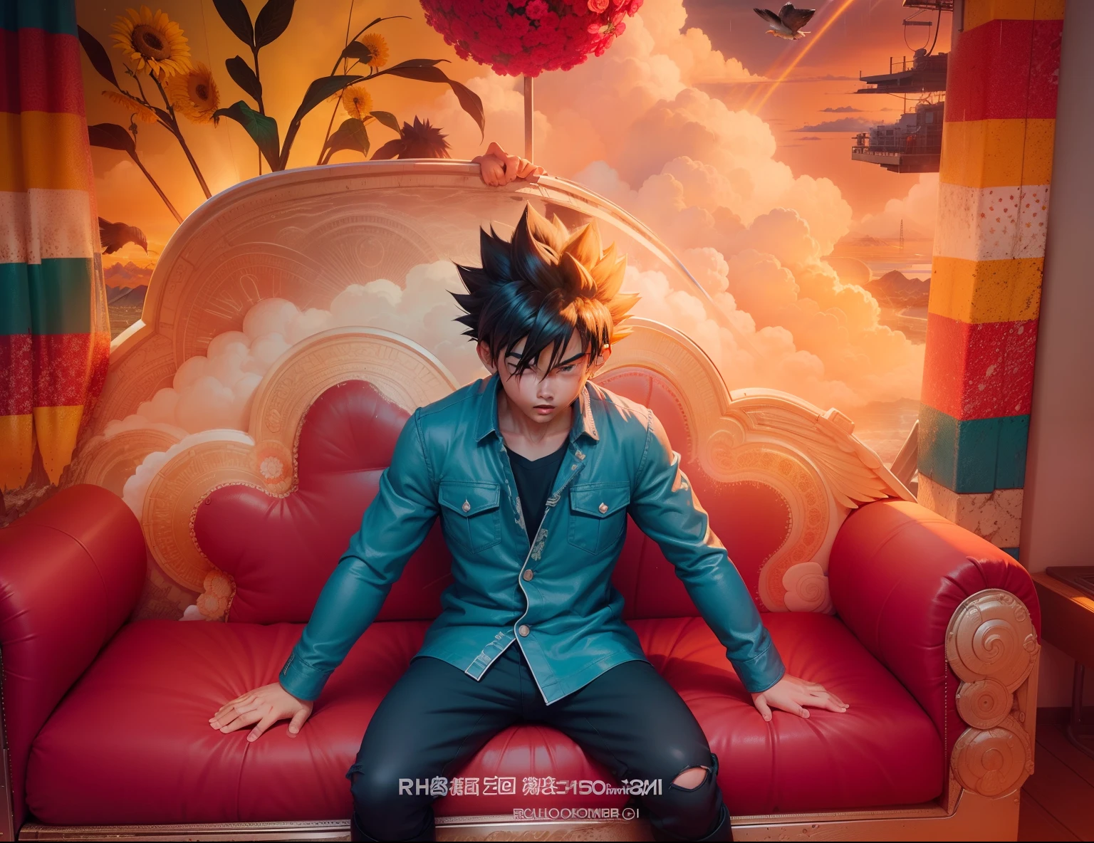 raindrops,Clouds,sunbeam,highway,Little boy on a motorcycle,son goku,super saiyan,Spiked hairstyle,Flowers,Mountain,rivers,bird,Full body,Chibi T-Shi,