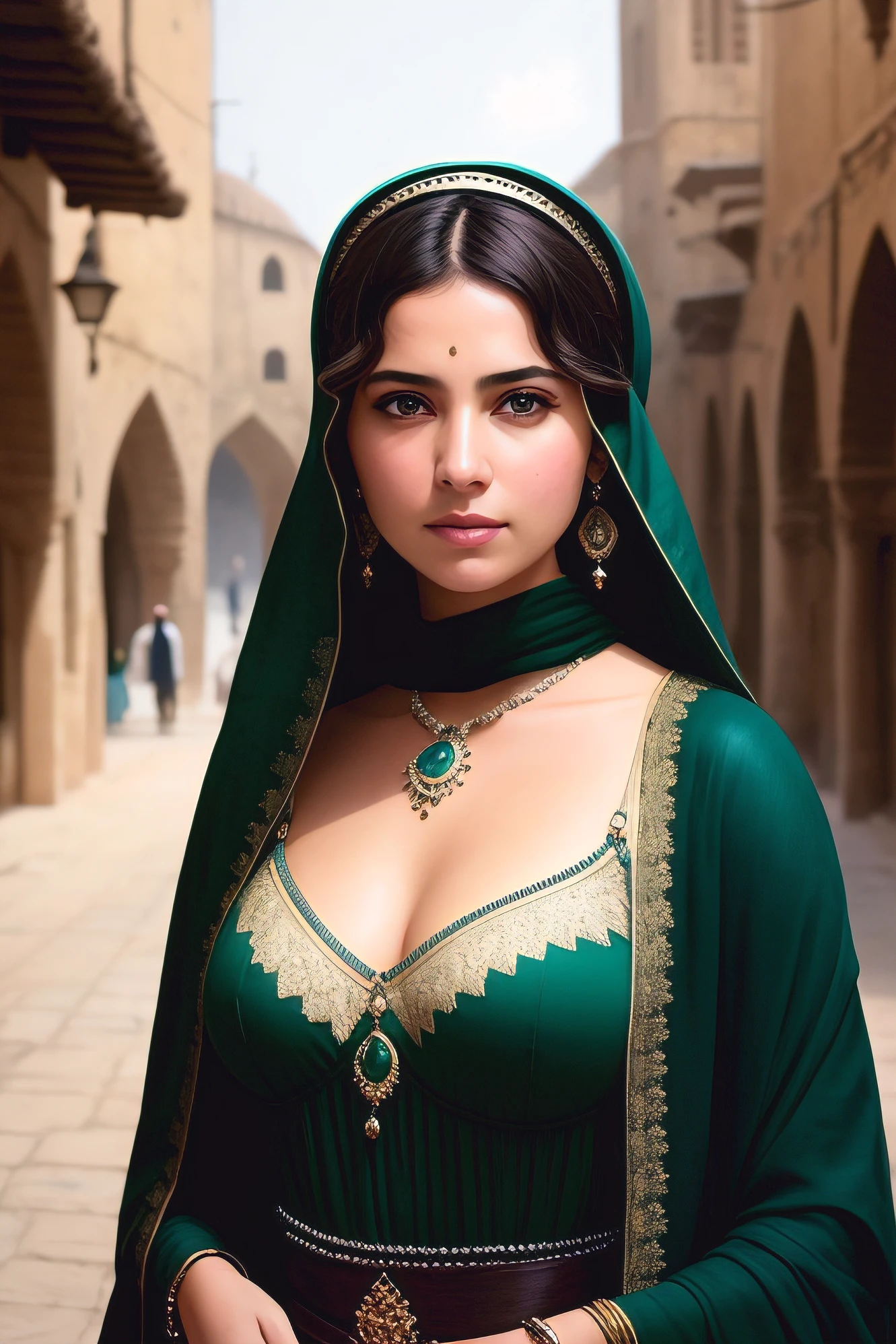 Girl with big breasts And transparent bras (extremely detailed CG unity 8k wallpaper), full shot body photo of the most beautiful artwork in the world, arab girl in bazar, green vale, see-through scarf, diamonds, medieval architecture, professional majestic oil painting by Ed Blinkey, Atey Ghailan, Studio Ghibli, by Jeremy Mann, Greg Manchess, Antonio Moro, trending on ArtStation, trending on CGSociety, Intricate, High Detail, Sharp focus, dramatic, photorealistic painting art by midjourney and greg rutkowski , She looks at the camera with a slight smile