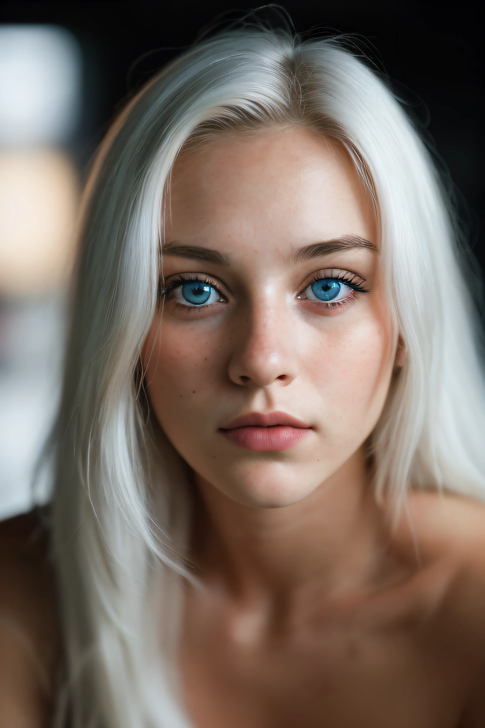 (close-up, editorial photograph of a 21 year old woman), (highly detailed face:1.4) (smile:0.7) (background inside dark, moody, private study:1.1) POV, by lee jeffries, nikon d850, film stock photograph ,4 kodak portra 400 ,camera f1.2 lens ,rich colors ,hyper realistic ,lifelike texture, dramatic lighting , cinestill 800,blue eyes,white hair